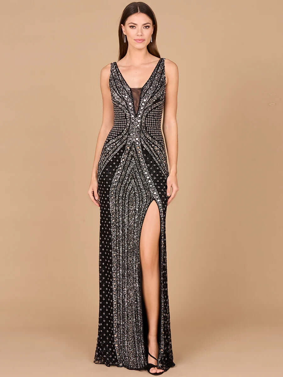 LARA 29499 Embellished Long Dress with Thigh‑High Slit – Sequin & Bead Gala Gown
