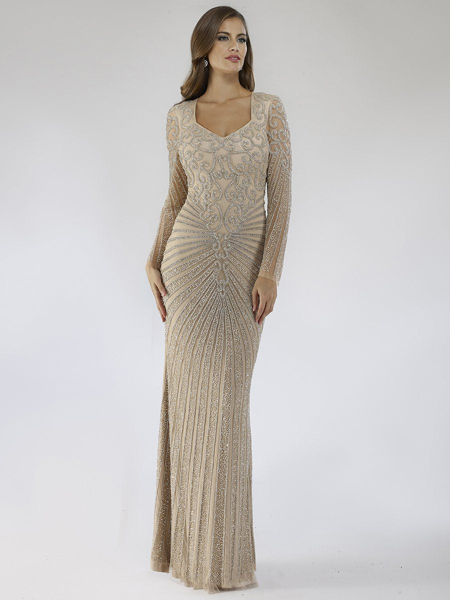 Lara 29602 - V Neck Beaded Long Sleeve Dress