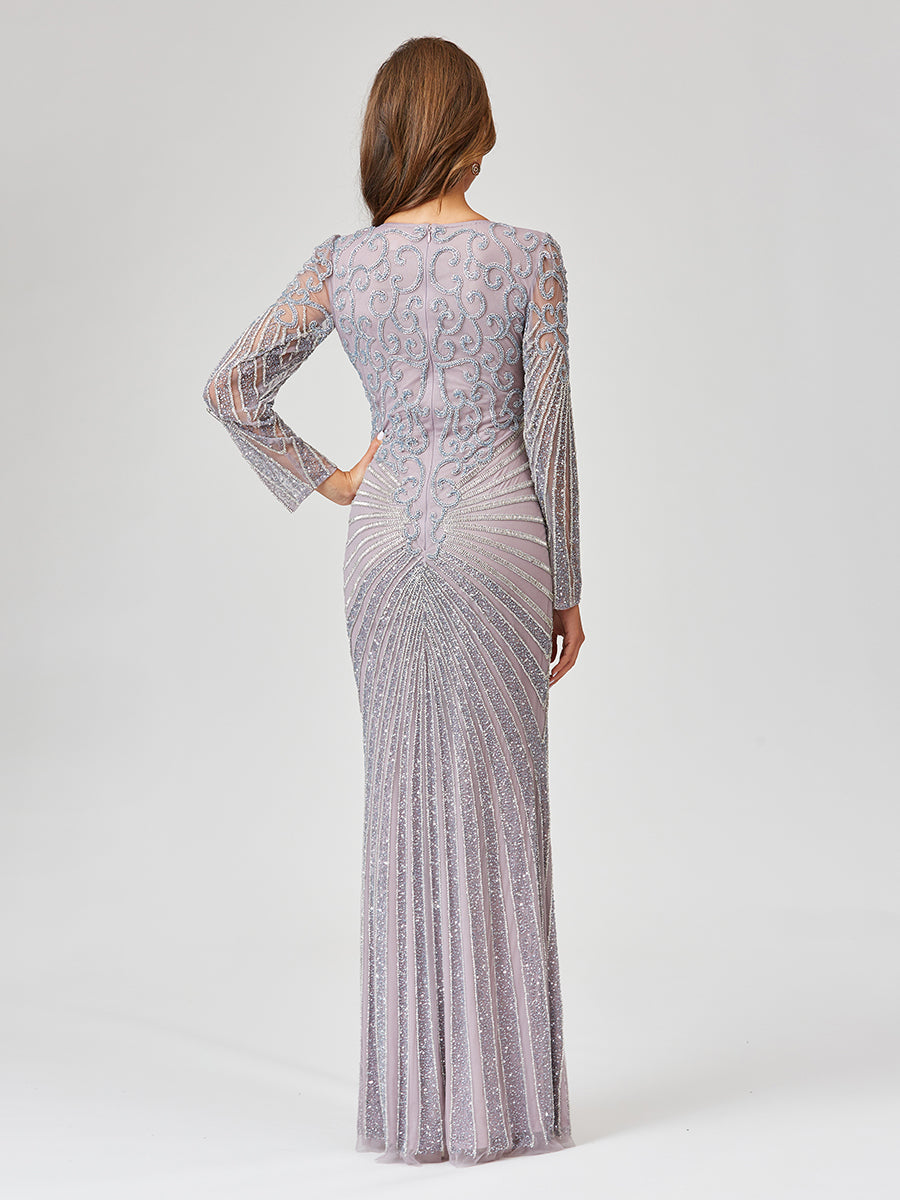 Lara 29602 - V Neck Beaded Long Sleeve Dress