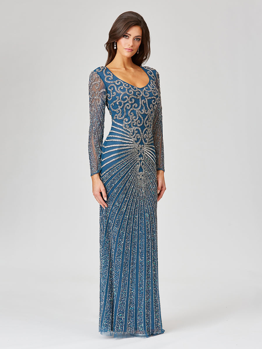 Lara 29602 - V Neck Beaded Long Sleeve Dress