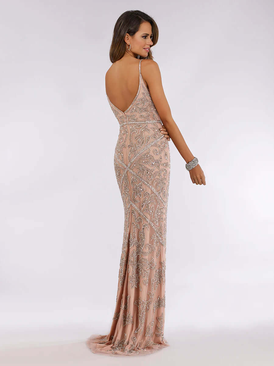 LARA 29744 Spaghetti-Strap Beaded Gown – V-Neck Sweep-Train Evening Dress