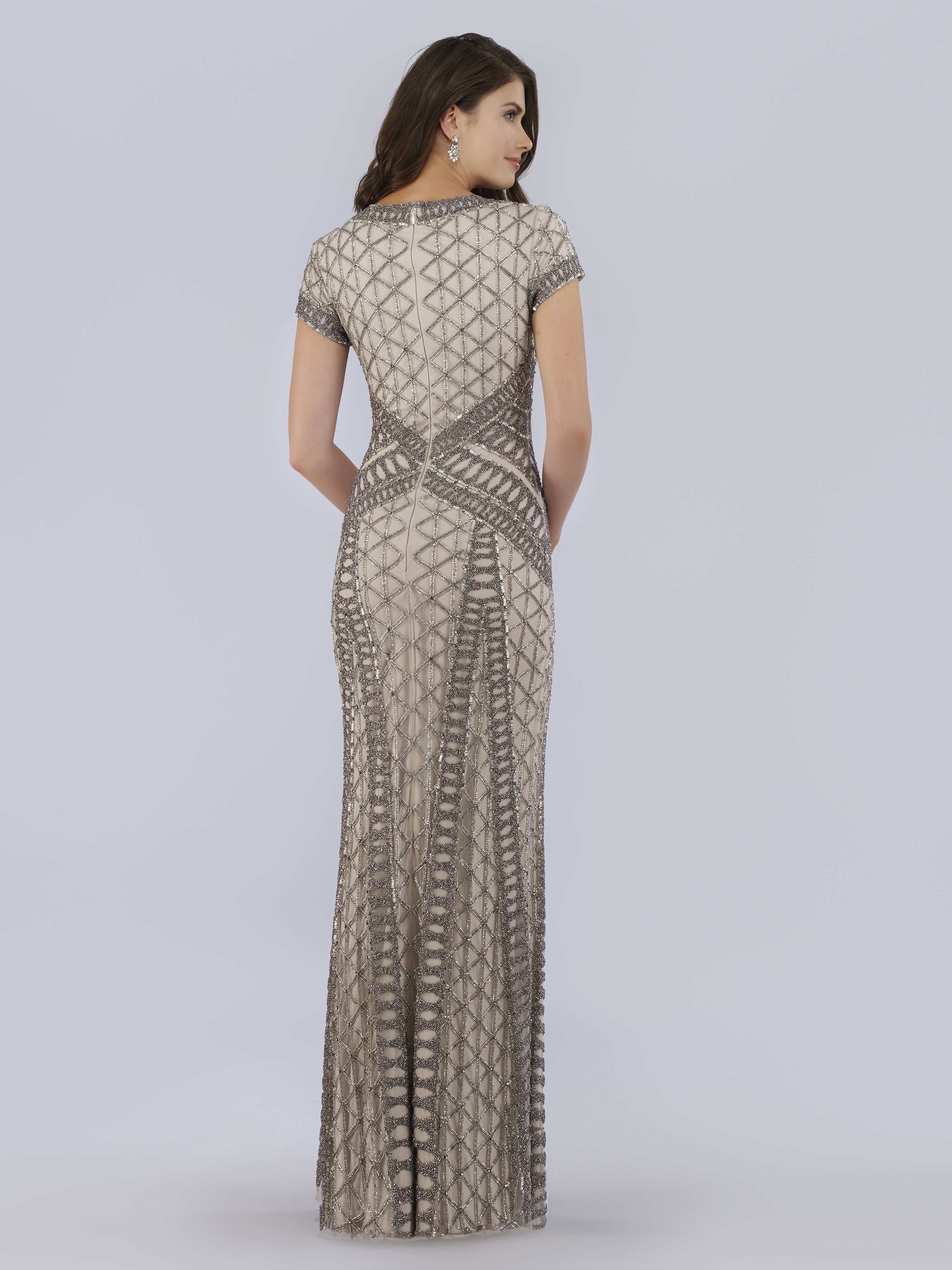 Lara 29746 - Beaded V-Neckline Dress with Cap Sleeves