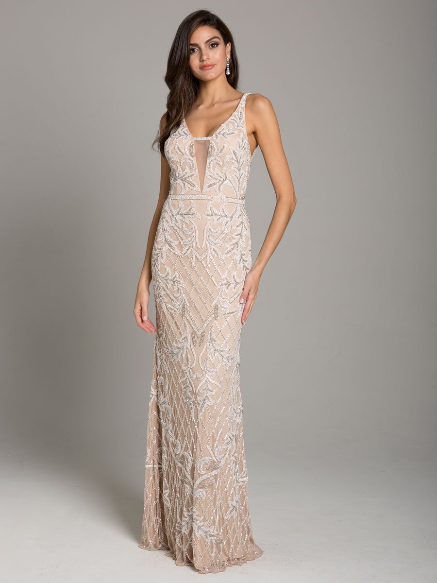 Lara Beverly Long Beaded Low Back V Neck Sleeveless Dress Nude/Ivory / 10