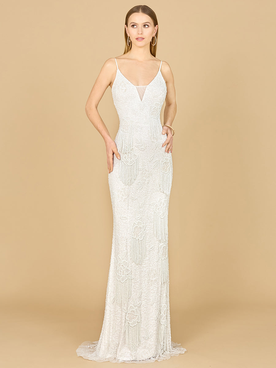 Lara Danika Floral Beaded Sheath Beaded Dress with Beaded Fringe