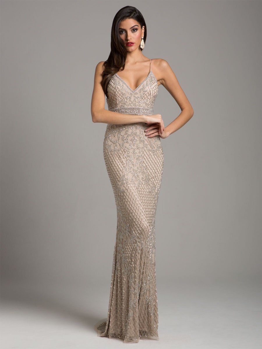 Lara 29904 - Body Con V-neck Beaded Dress