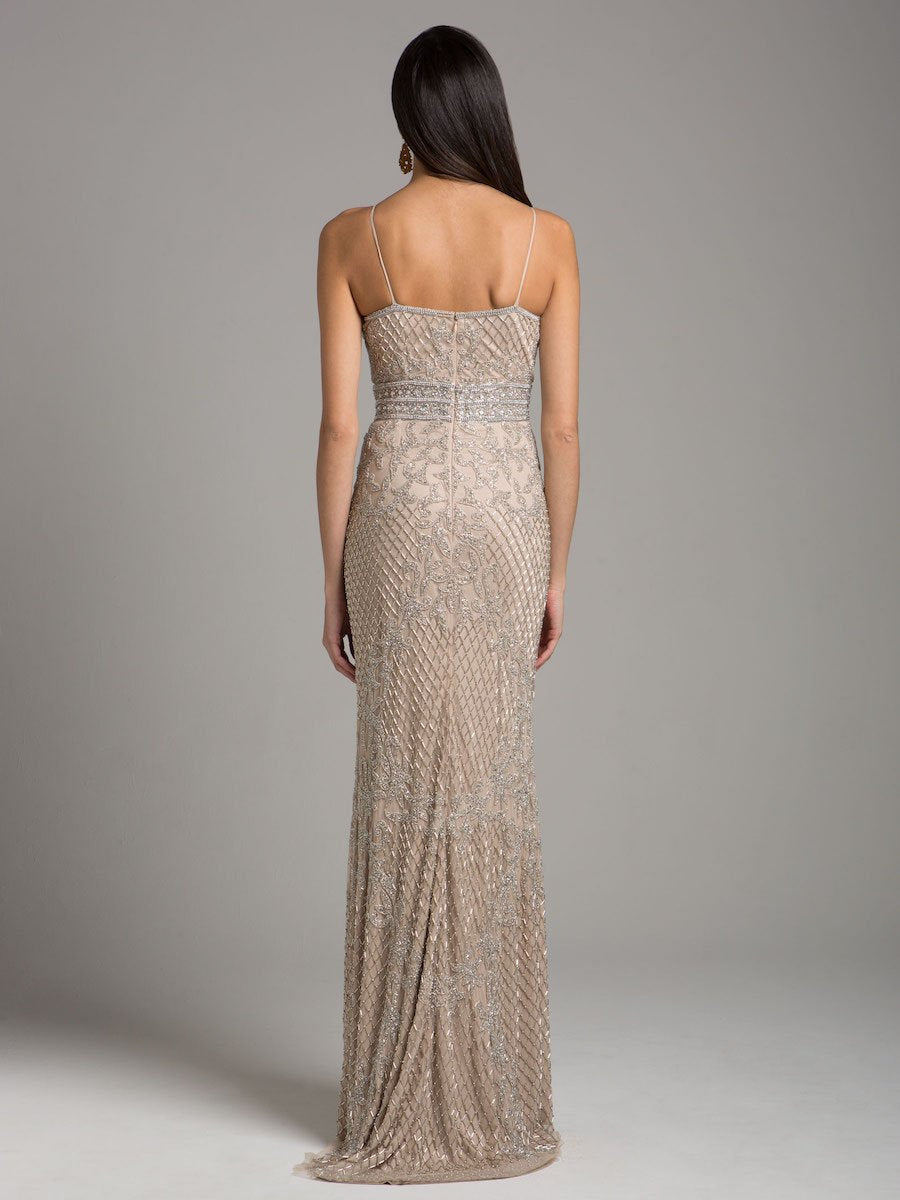 Lara 29904 - Body Con V-neck Beaded Dress