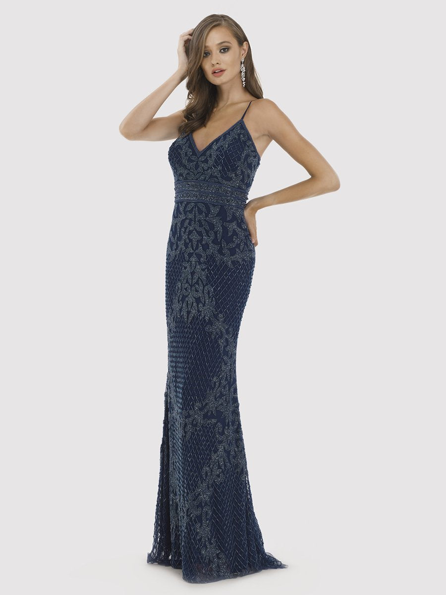 Lara 29904 - Body Con V-neck Beaded Dress