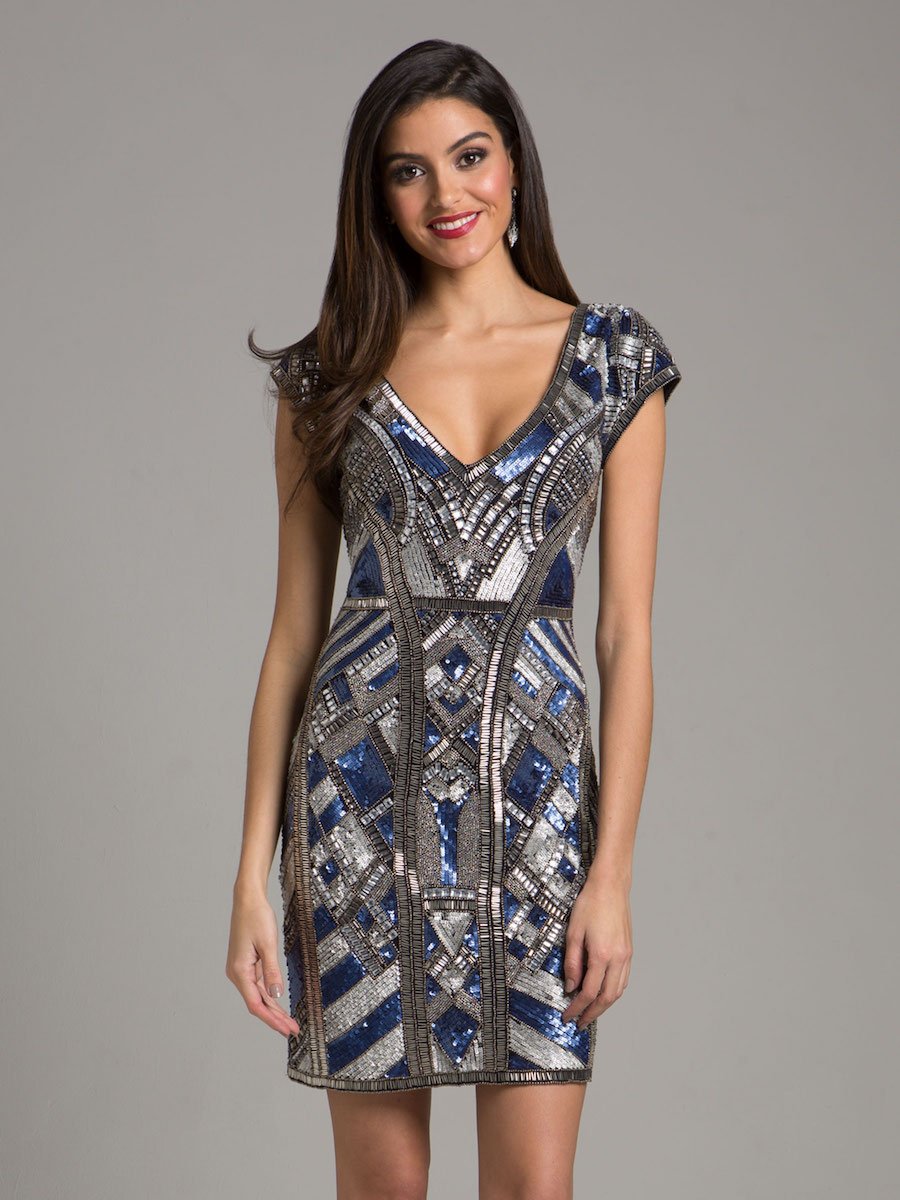 Lara 29909 - Beaded, V-neck Mini Dress