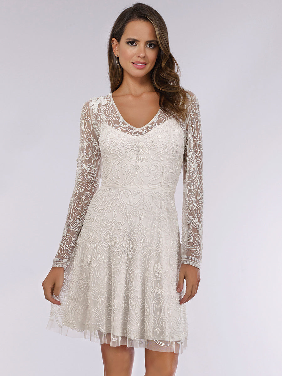Lara Eliza Beaded A-line Bell Sleeve Bridal Short Dress