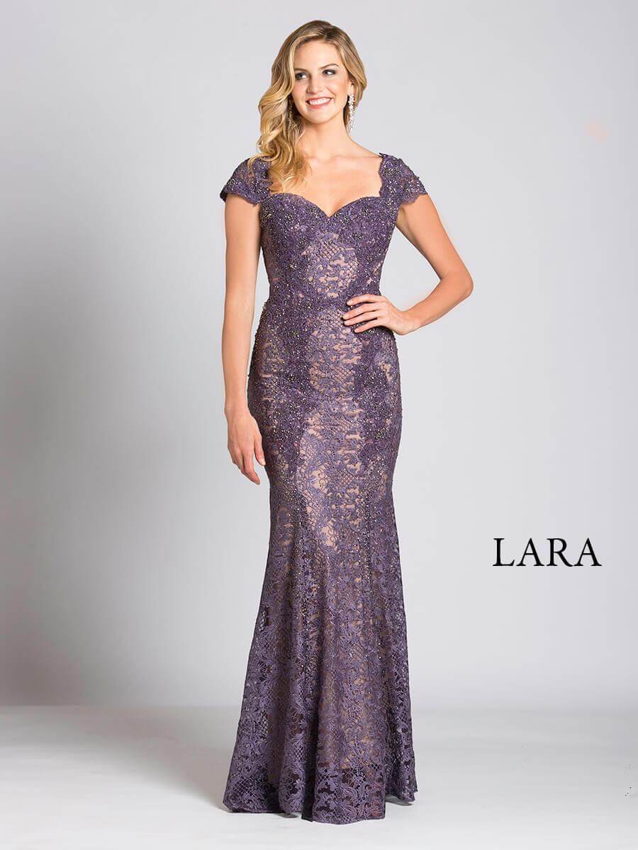 LARA 33491 Fitted Lace Mermaid Gown – Dusty Purple Cap‑Sleeve Formal Dress