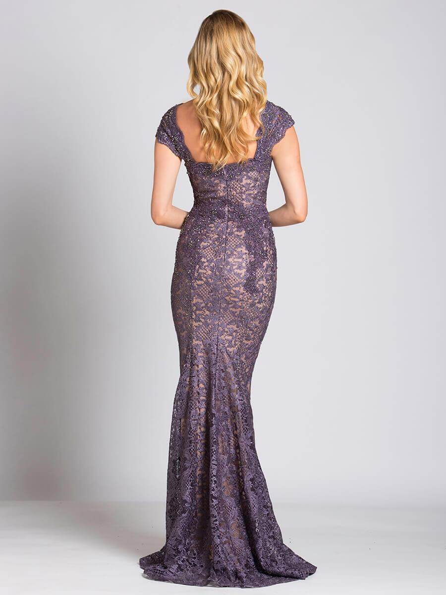 LARA 33491 Fitted Lace Mermaid Gown – Dusty Purple Cap‑Sleeve Formal Dress