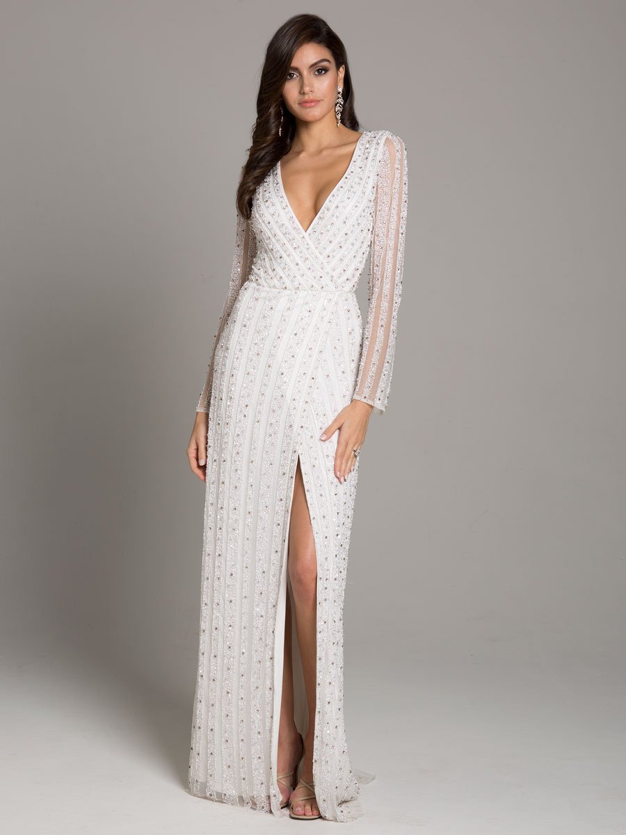 Lara Blair Long-Sleeve Beaded Surplice Sheath Gown
