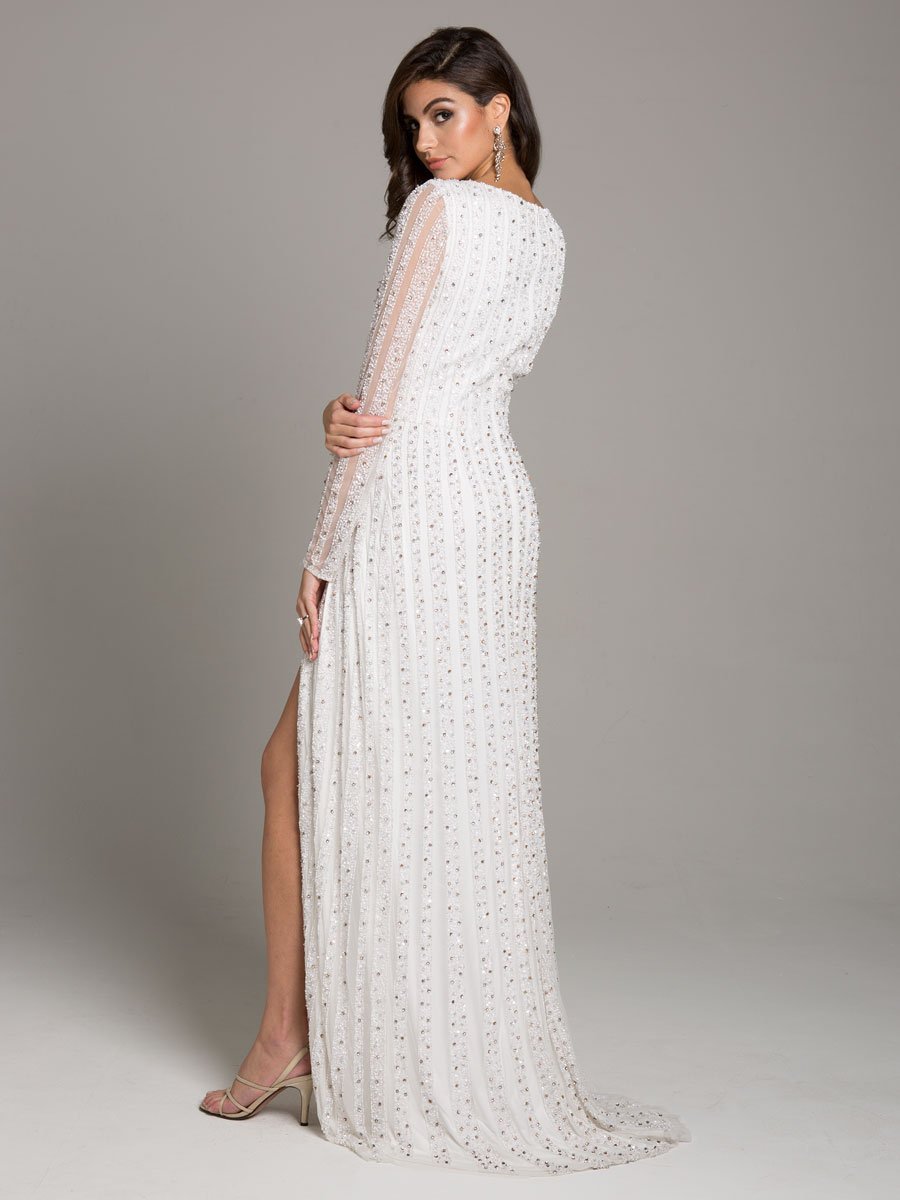 Lara Blair Long-Sleeve Beaded Surplice Sheath Gown