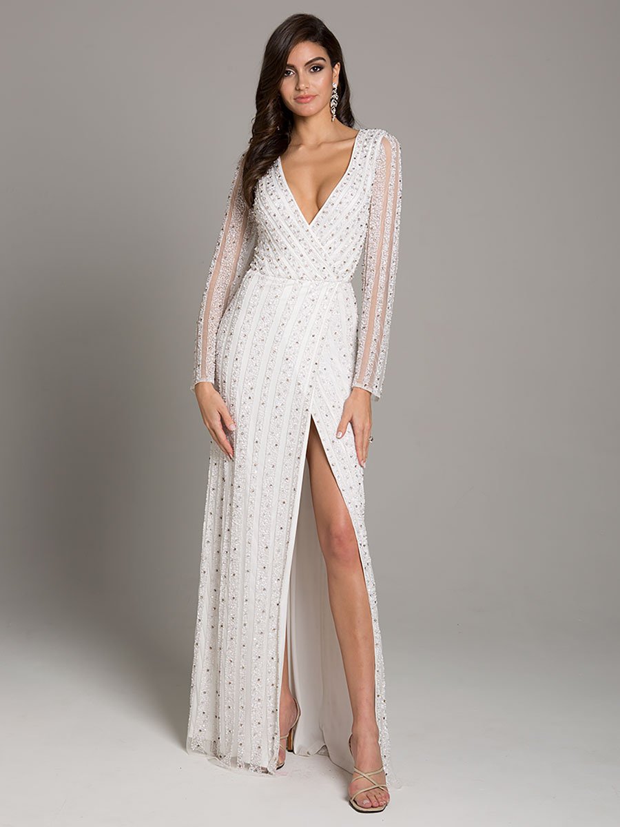 Lara Blair Long-Sleeve Beaded Surplice Sheath Gown