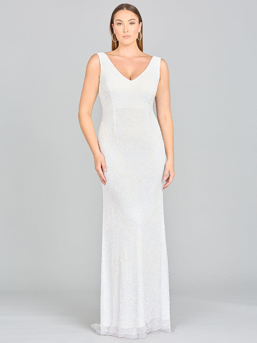 Lara Erika Beaded Draped Cowl Back V-Neck Wedding Dress