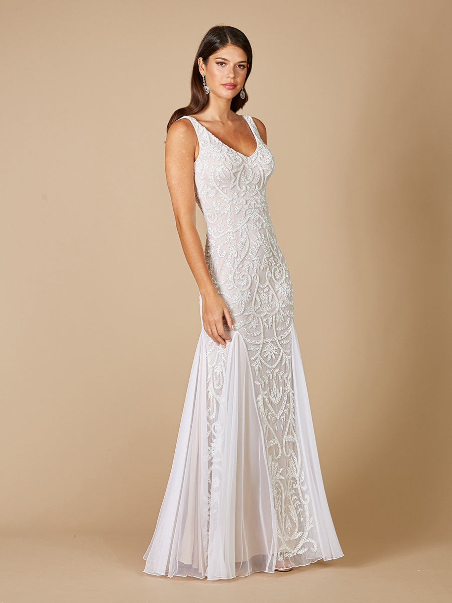 Lara Greta Beaded V-Neck Tulle Wedding Dress with Contrast Lining