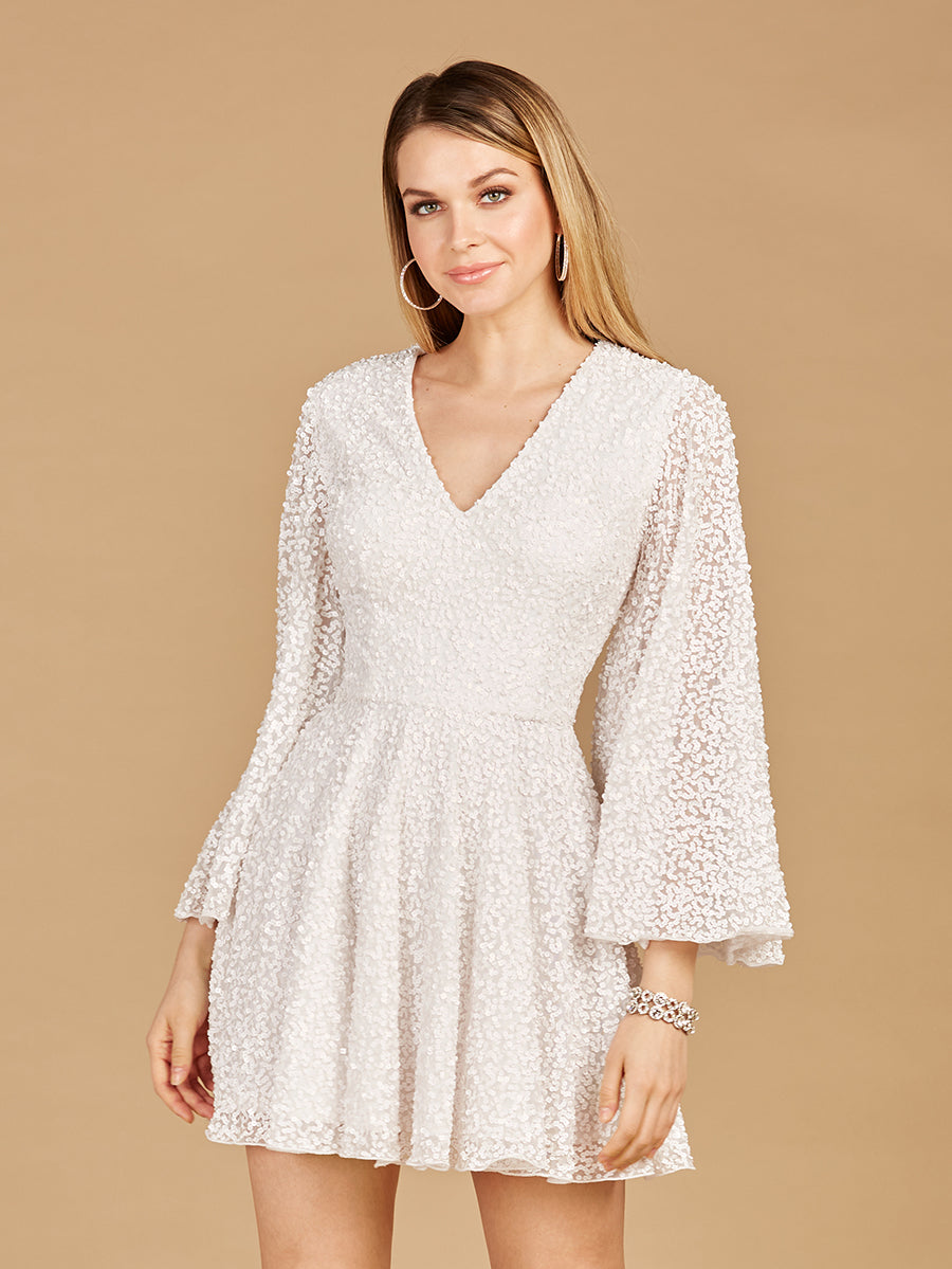 Long Bell Sleeve Sequin Bridal Cocktail Dress