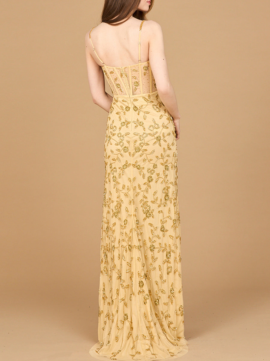 Beaded Corset Gown with Slit