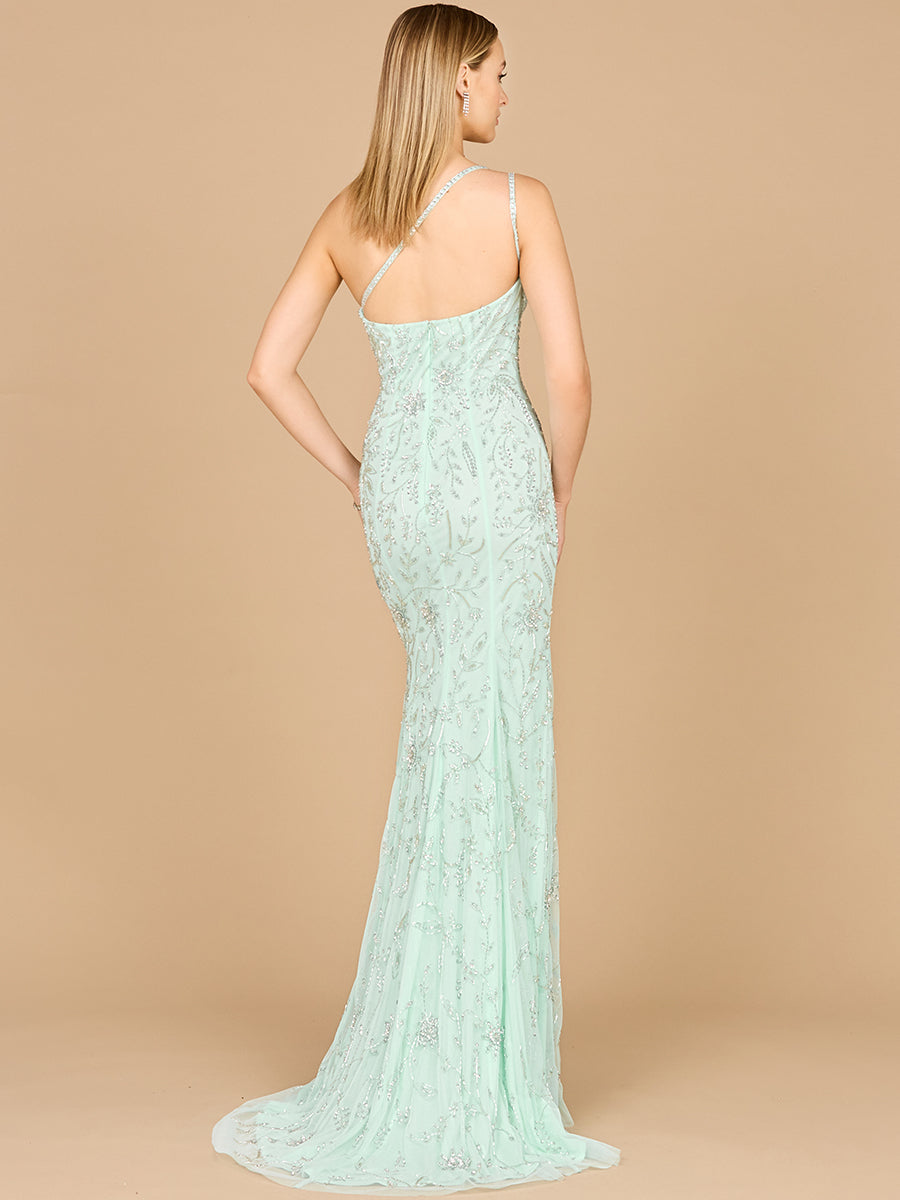 One Shoulder Beaded Gown with Slit