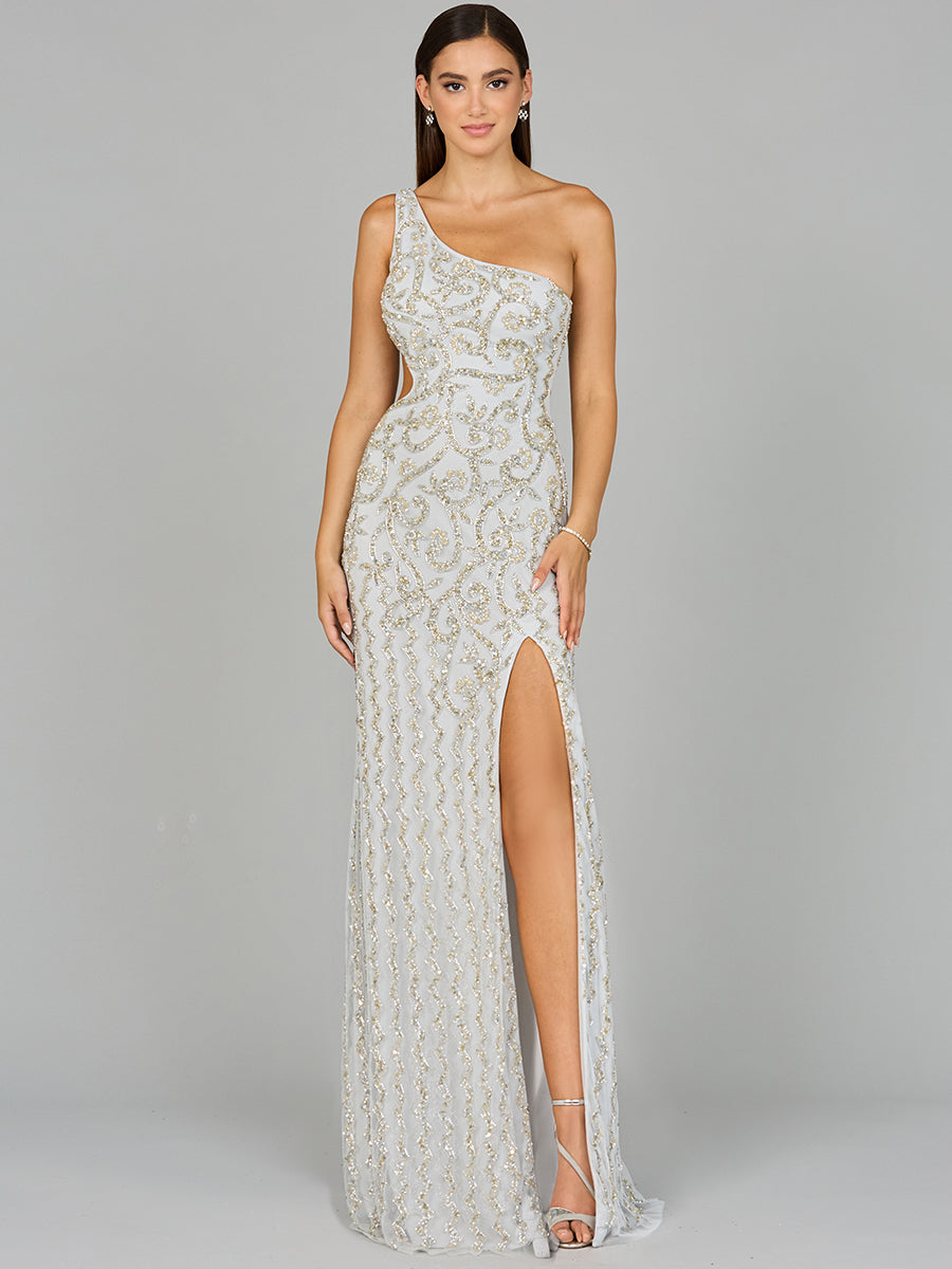One-Shoulder Beaded Gown with Slit