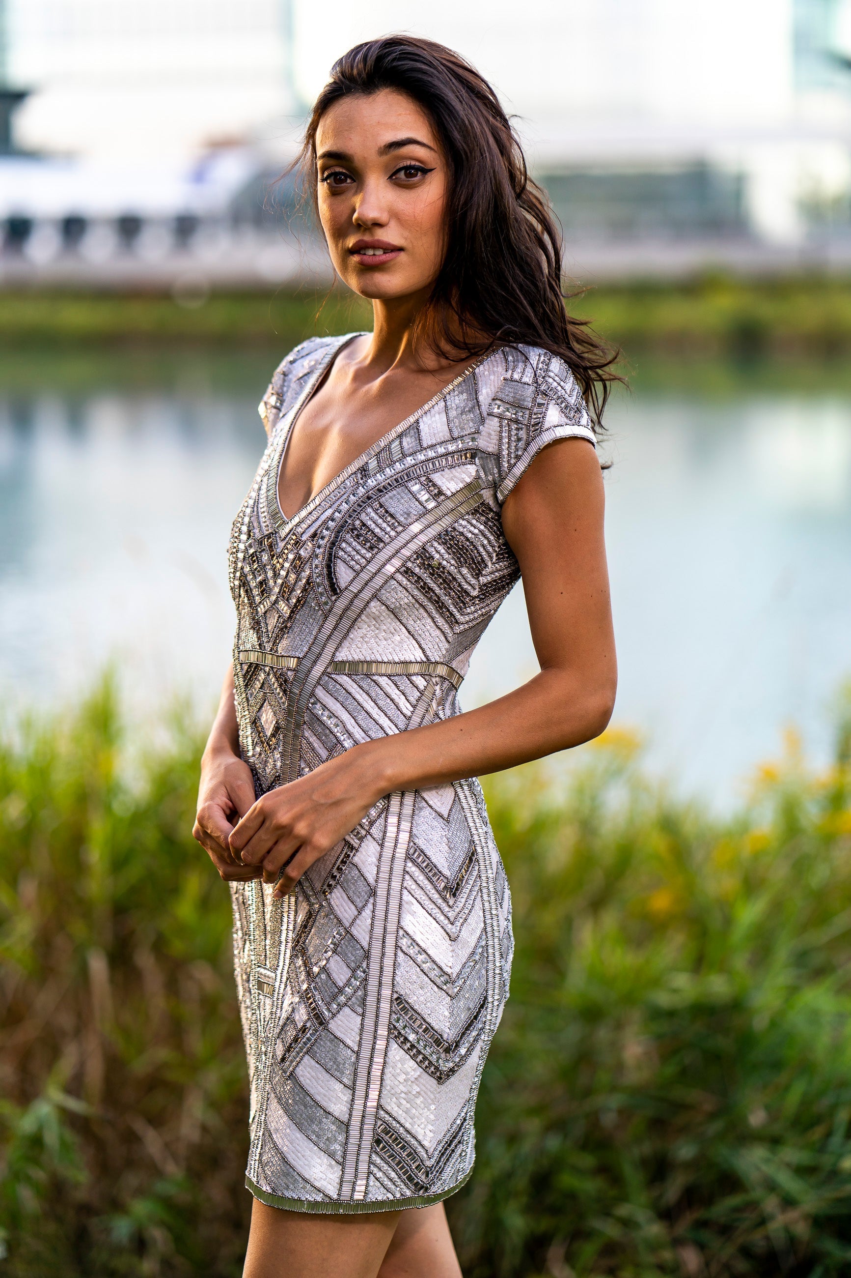 Lara 29909 - Beaded, V-neck Mini Dress