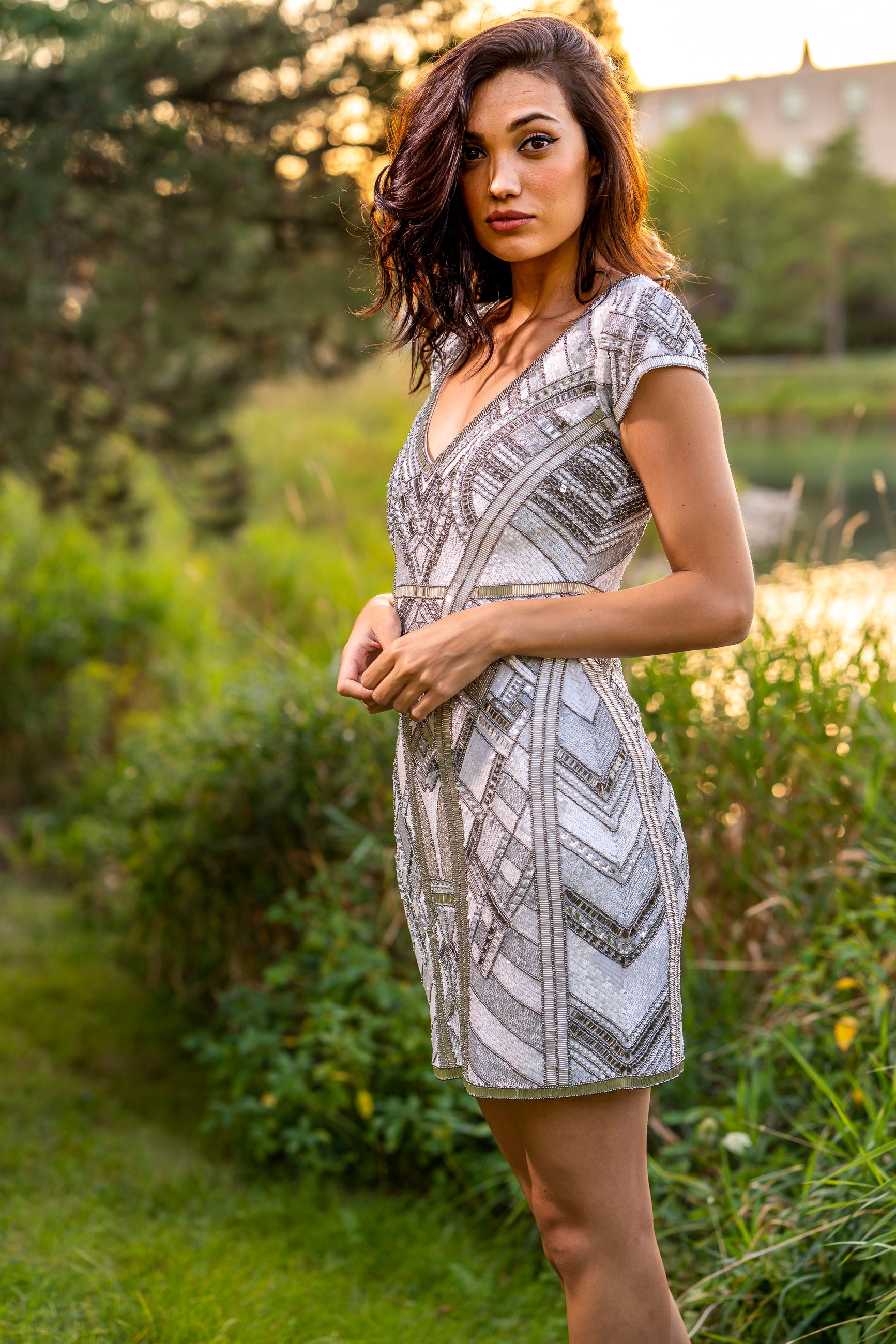 Lara 29909 - Beaded, V-neck Mini Dress