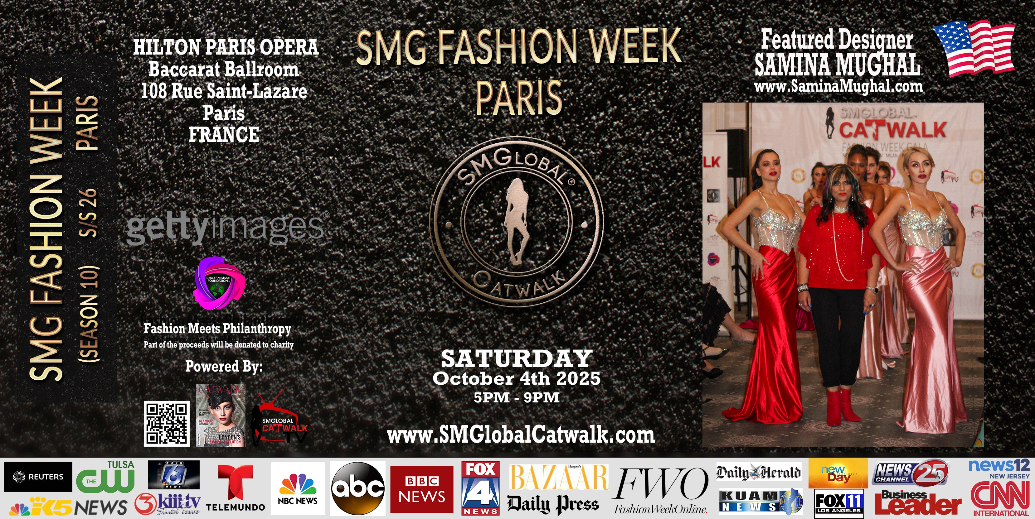 Promotional poster for SMG Fashion Week Paris featuring models on a catwalk wearing Designer SAMINA MUGHAL Couture Gowns