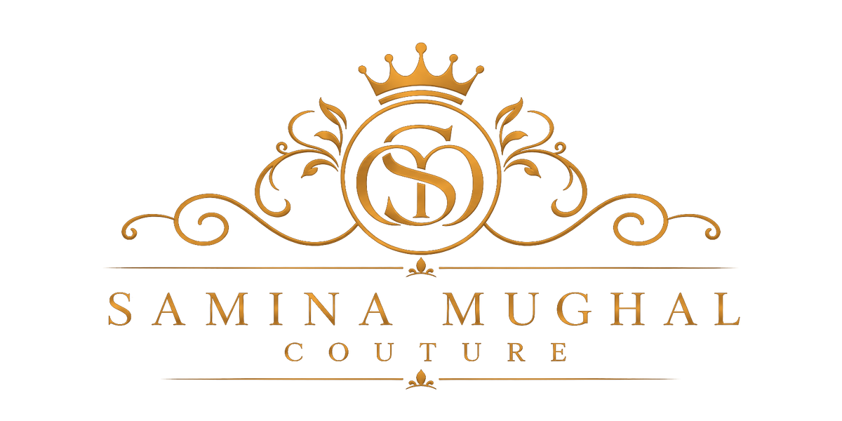 SAMINA MUGHAL Couture crown monogram logo in dark metallic gold