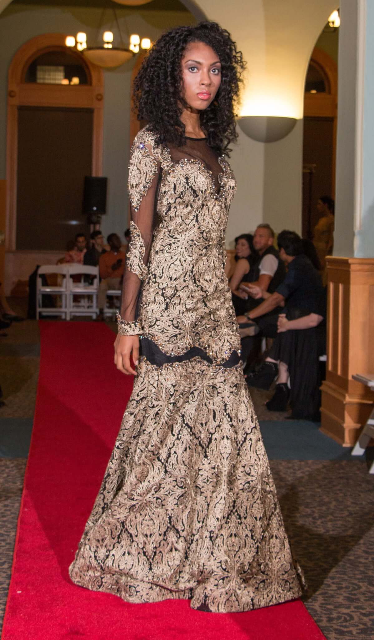 Couture Long Sleeve Jacquard Evening Gown