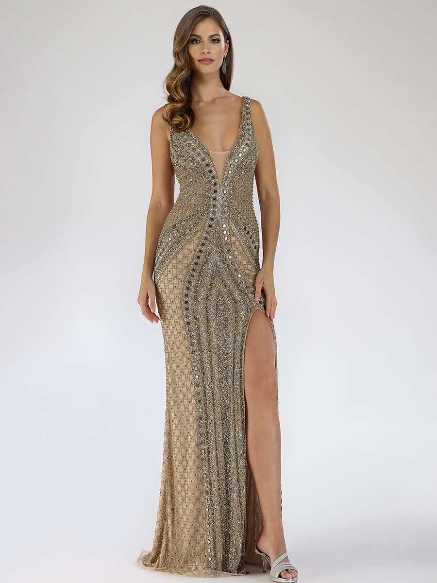 LARA 29499 Embellished Long Dress with Thigh‑High Slit – Sequin & Bead Gala Gown
