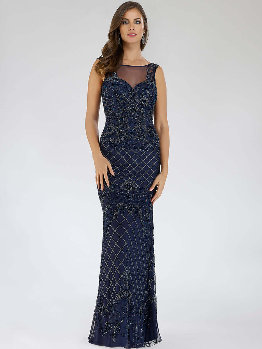 LARA 29538 Illusion Neckline Beaded Mermaid Gown – Sleeveless Formal Dress