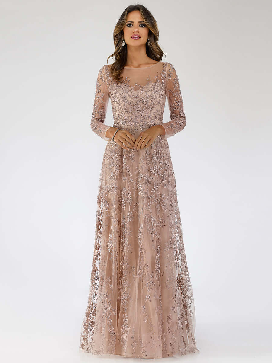 LARA 29677 Illusion Neckline Lace A-Line Gown – Long Sleeve Formal Dress