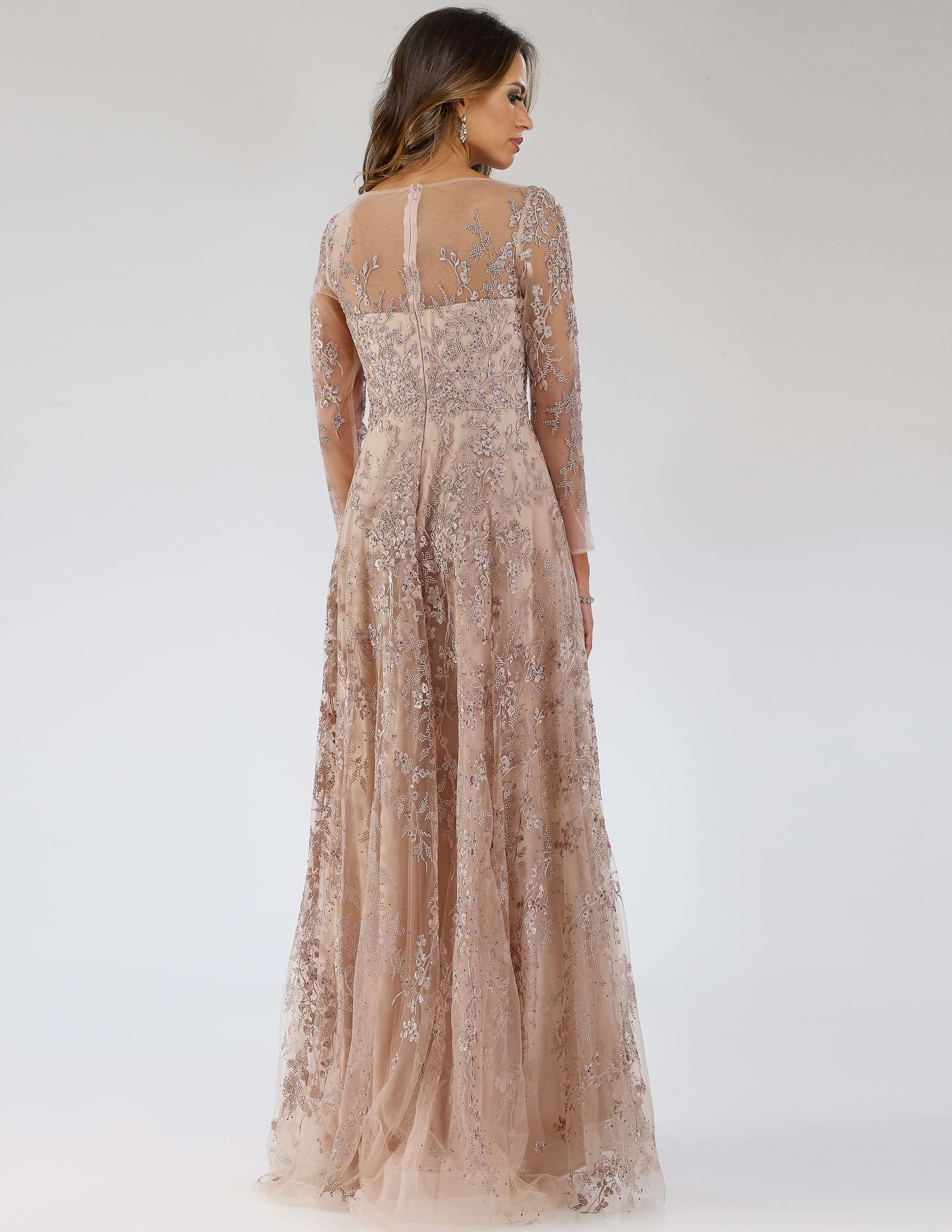 LARA 29677 Illusion Neckline Lace A-Line Gown – Long Sleeve Formal Dress