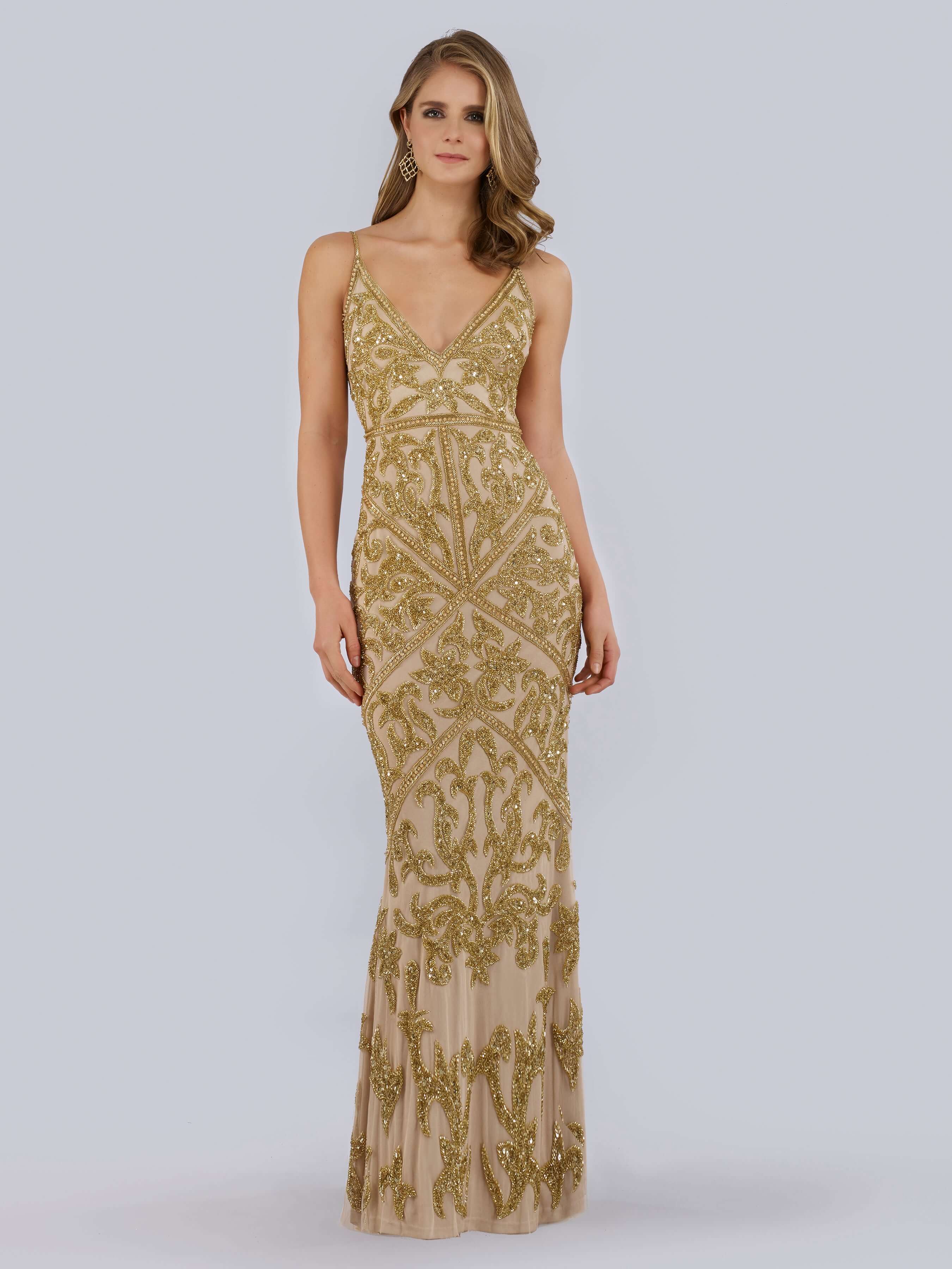 LARA 29744 Spaghetti-Strap Beaded Gown – V-Neck Sweep-Train Evening Dress