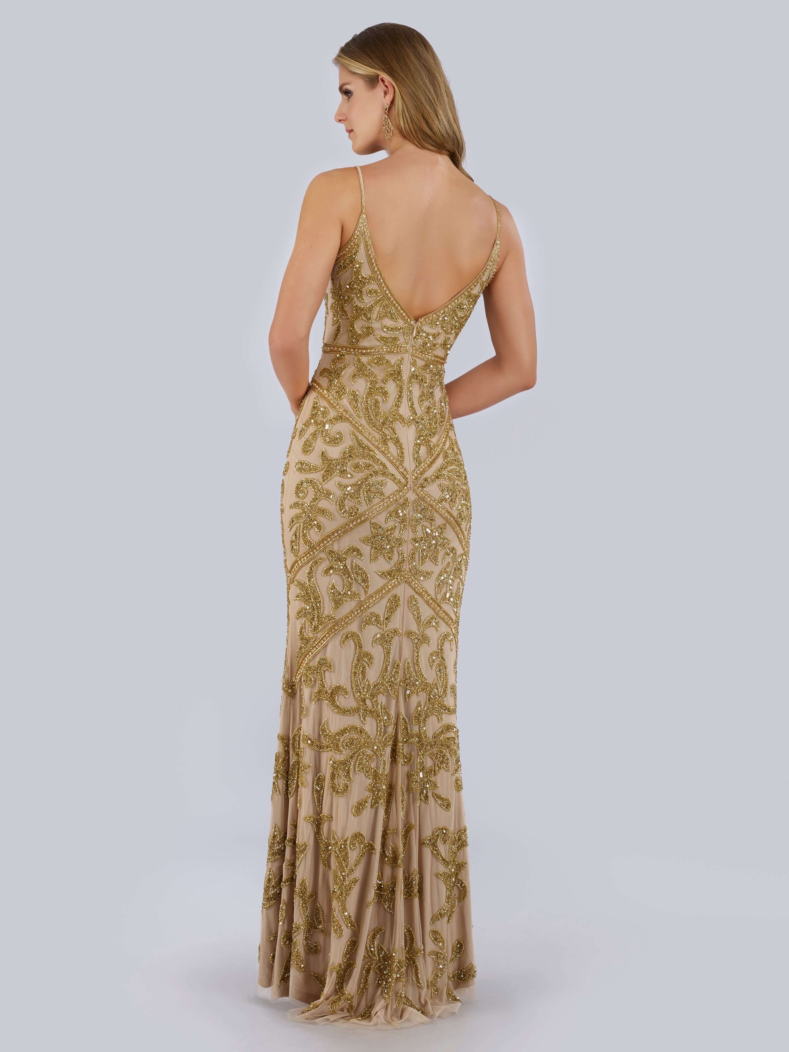 LARA 29744 Spaghetti-Strap Beaded Gown – V-Neck Sweep-Train Evening Dress