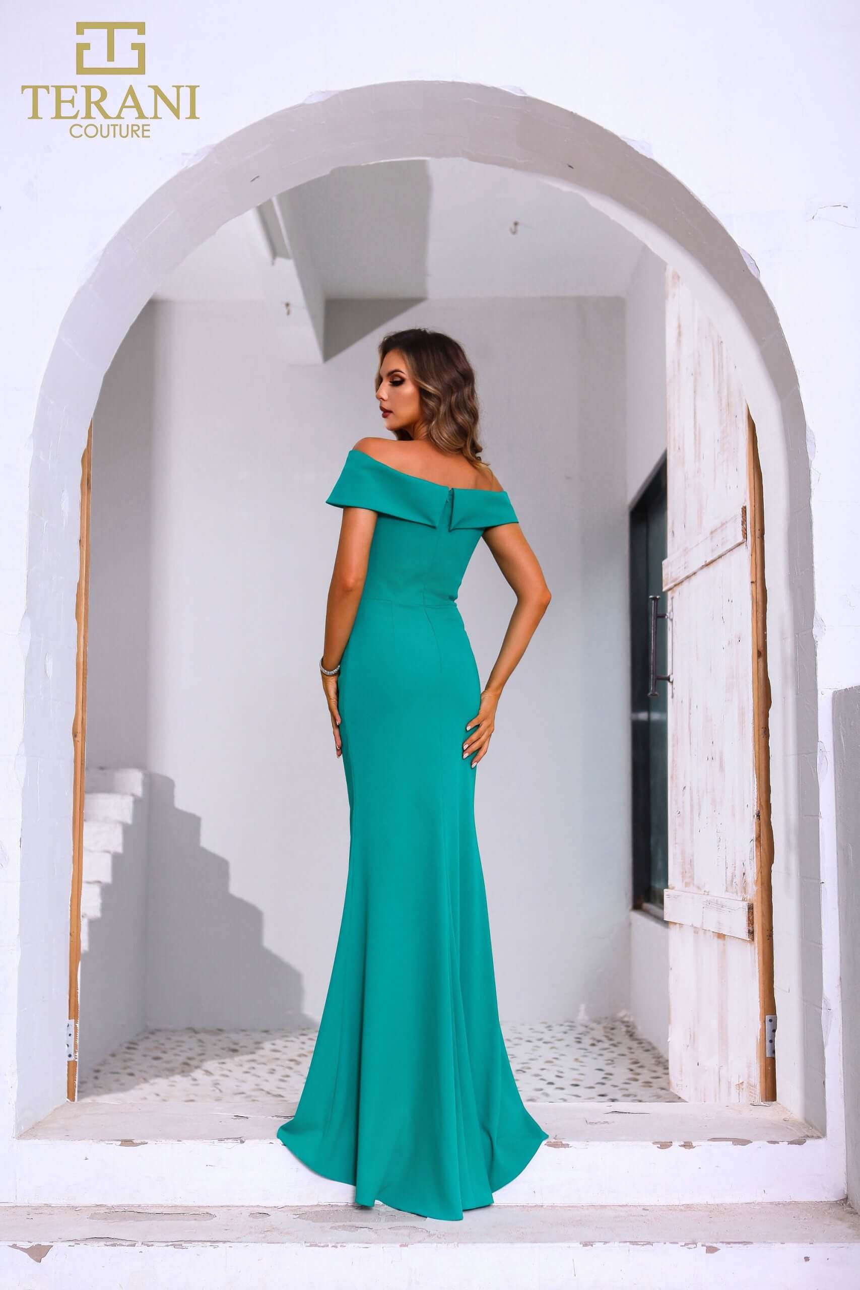 251M4444 TERANI Off The Shoulder Stretch Crepe Long Fit And Flare Dress