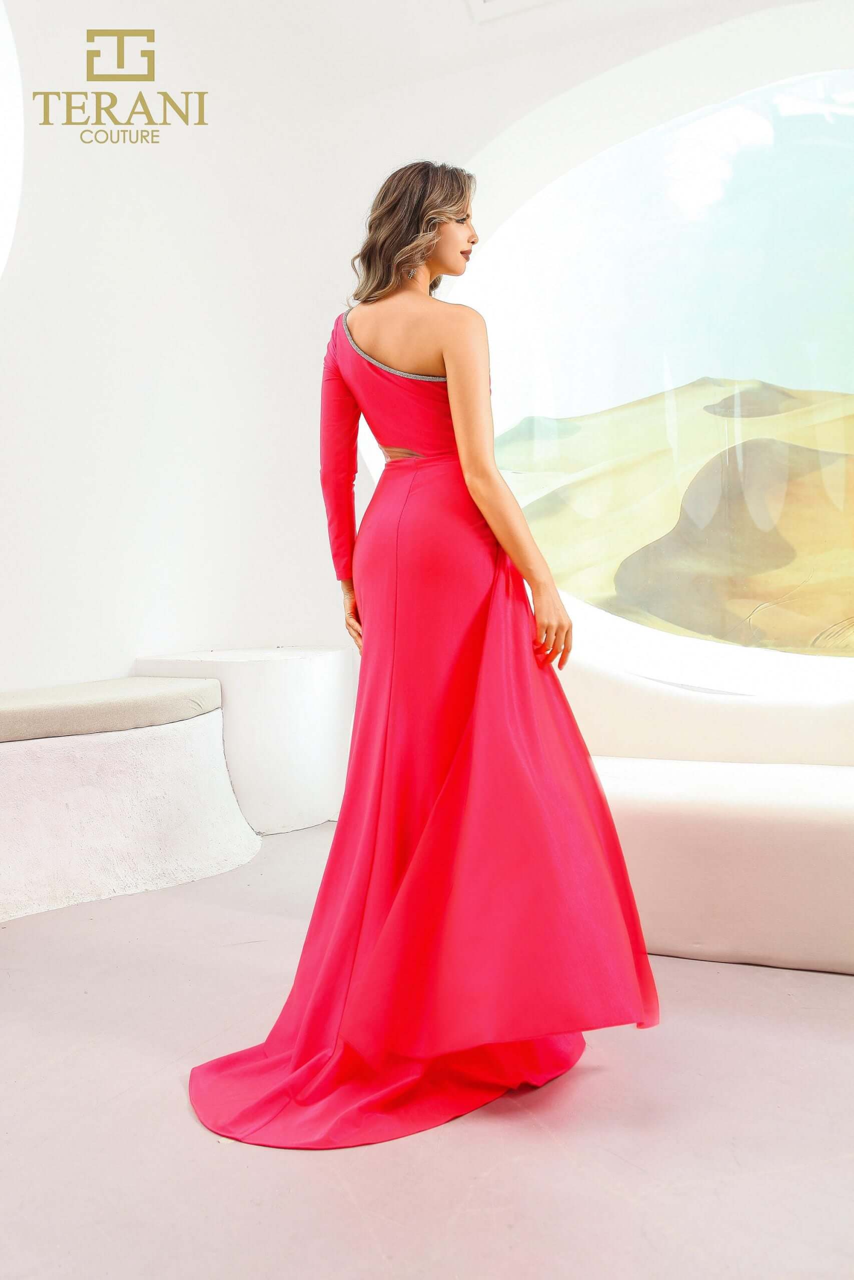 251P4056 TERANI Fit And Flare Assyemtric Stretch Metallic Long Prom Dress