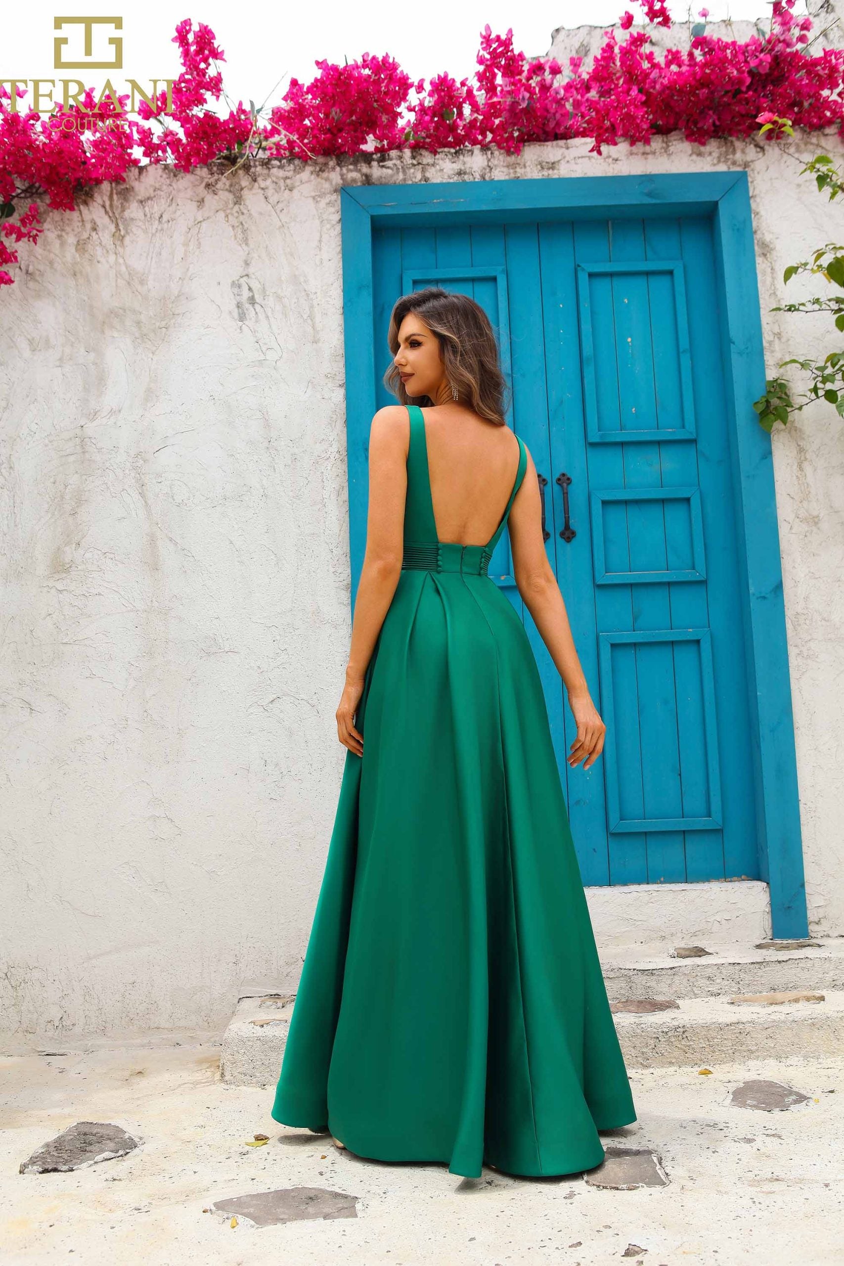 251P4113 TERANI V-Neck Sleeveless Satin A-Line Ballgown