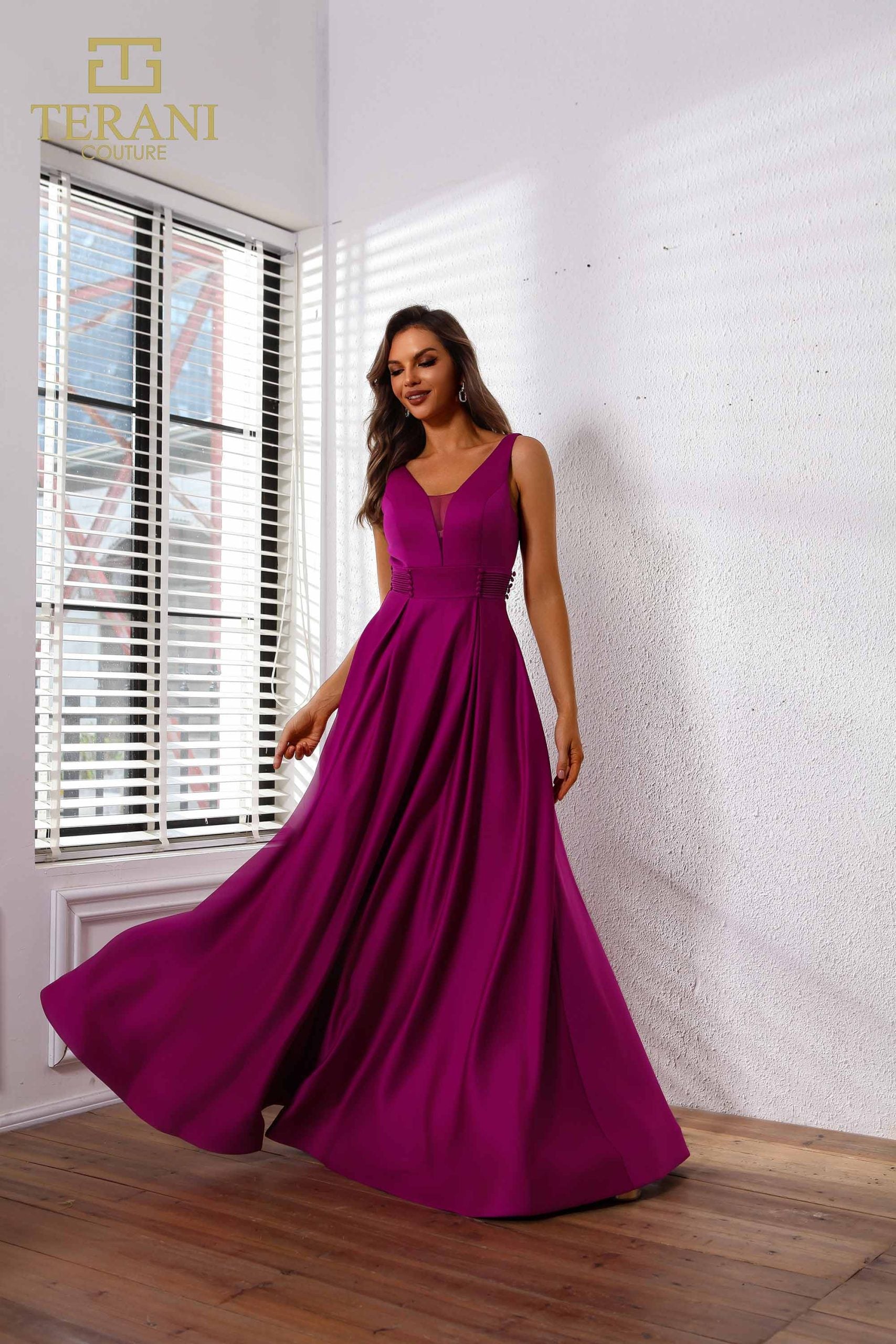 251P4113 TERANI V-Neck Sleeveless Satin A-Line Ballgown