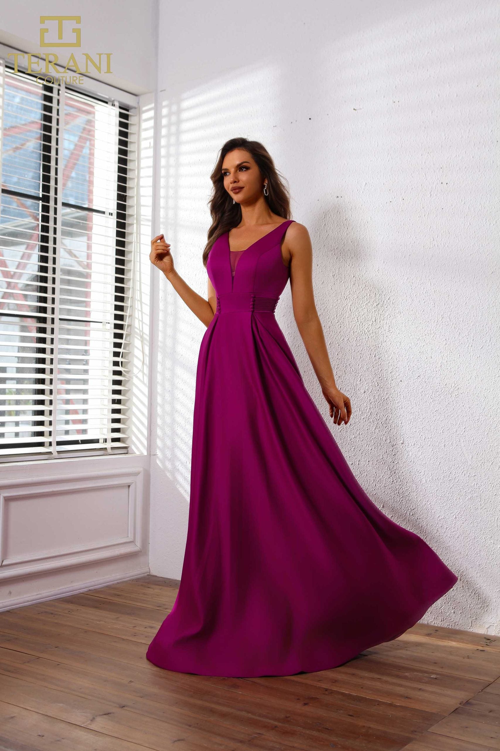 251P4113 TERANI V-Neck Sleeveless Satin A-Line Ballgown