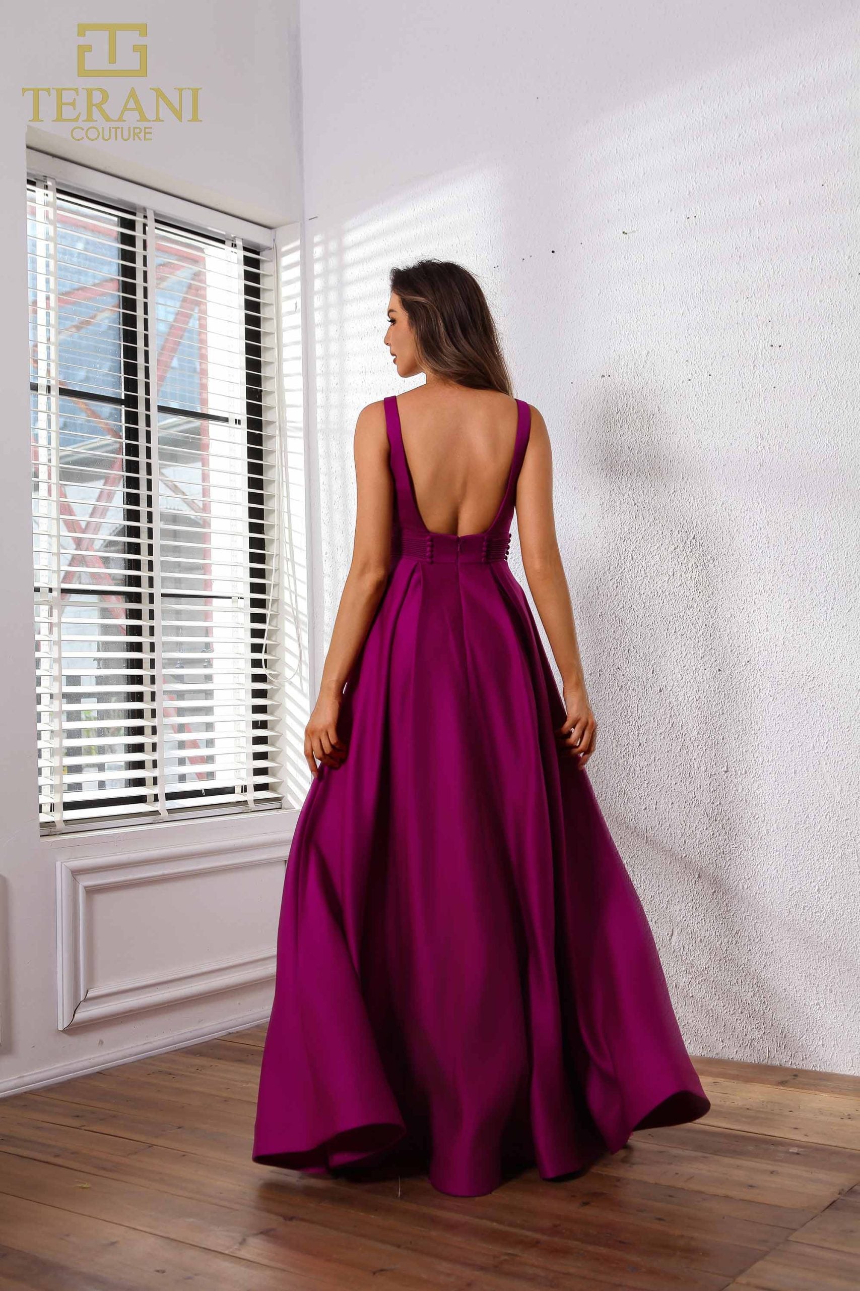 251P4113 TERANI V-Neck Sleeveless Satin A-Line Ballgown