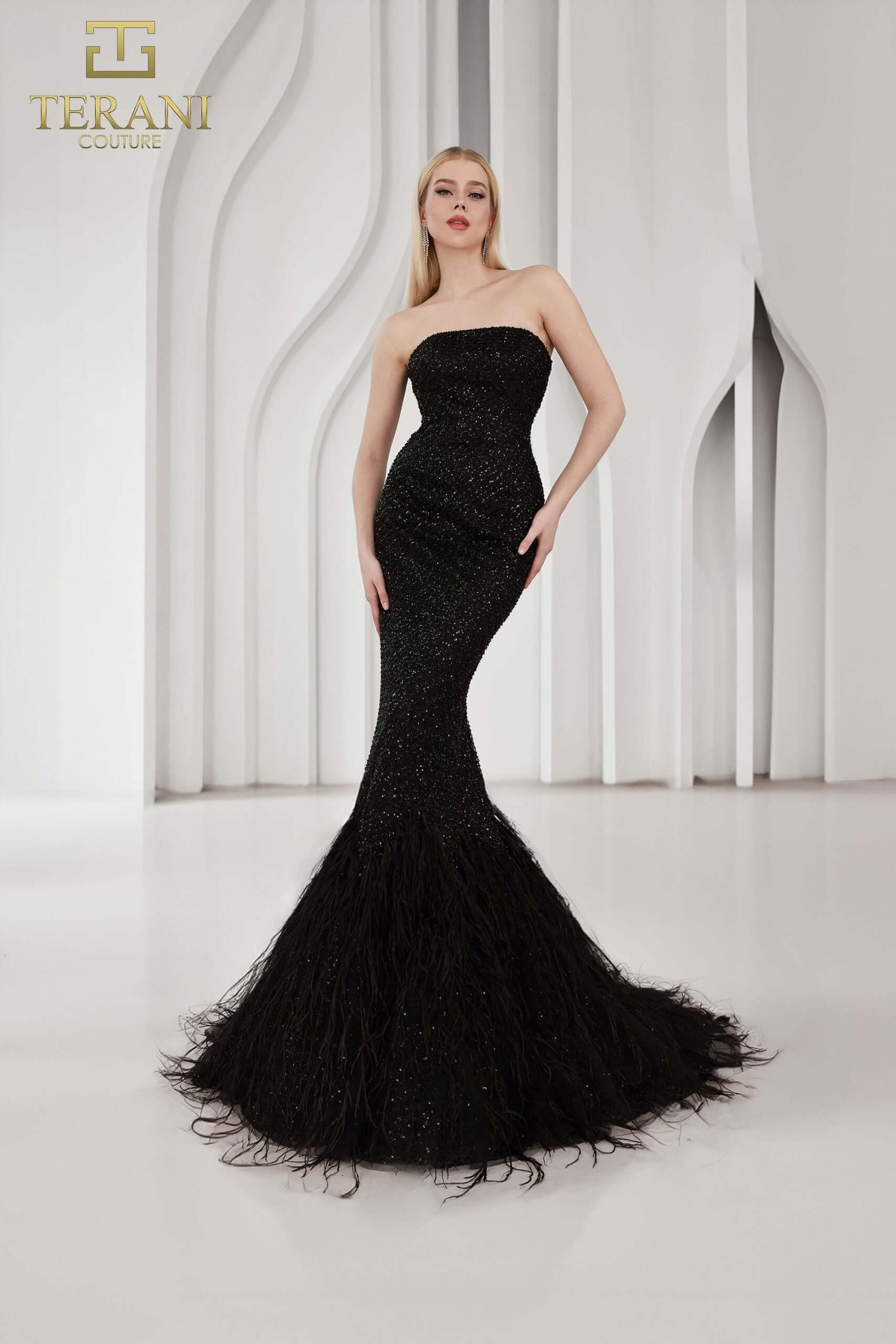 251P4303 TERANI Strapless Beaded Tulle Mermaid Prom Dress