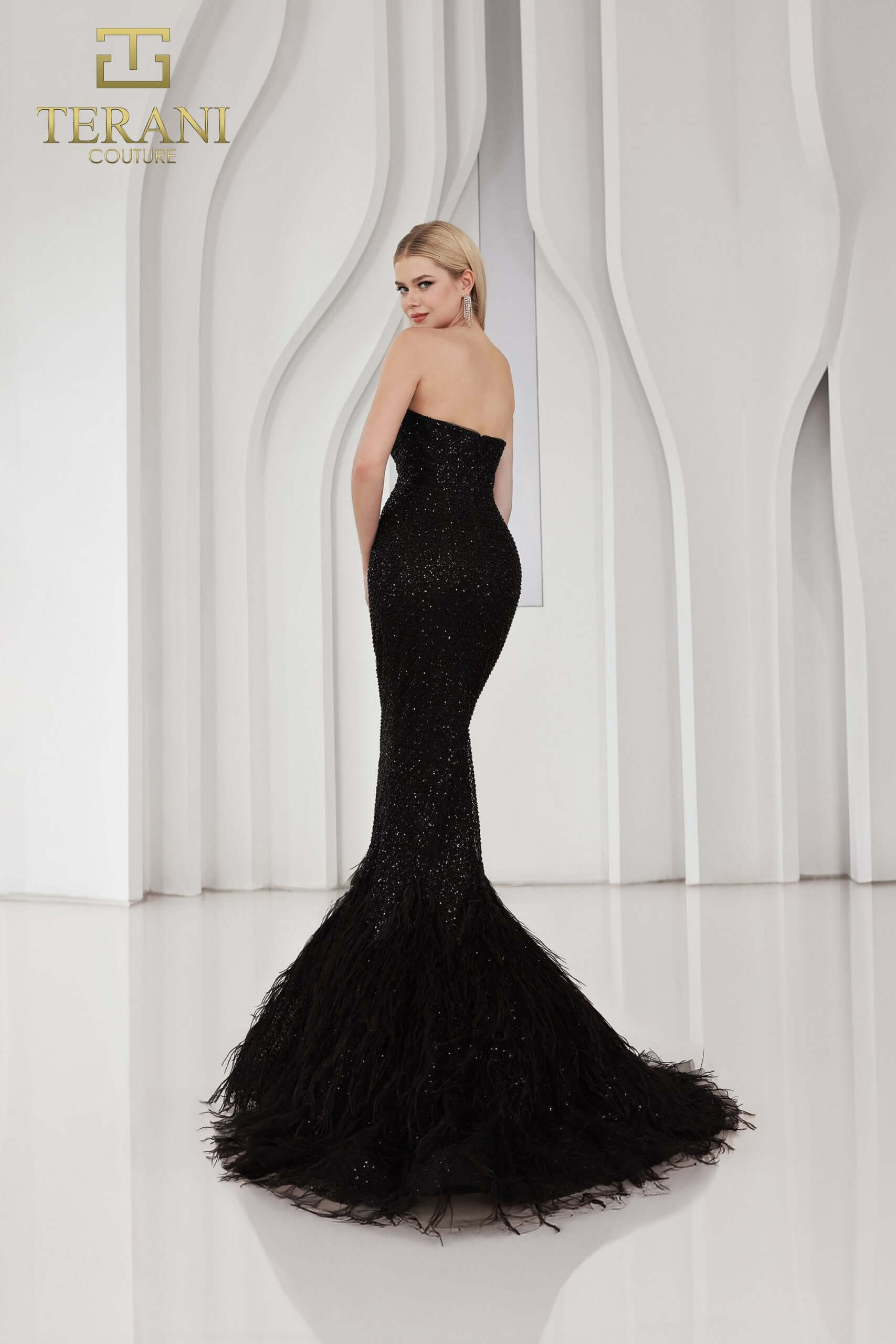 251P4303 TERANI Strapless Beaded Tulle Mermaid Prom Dress