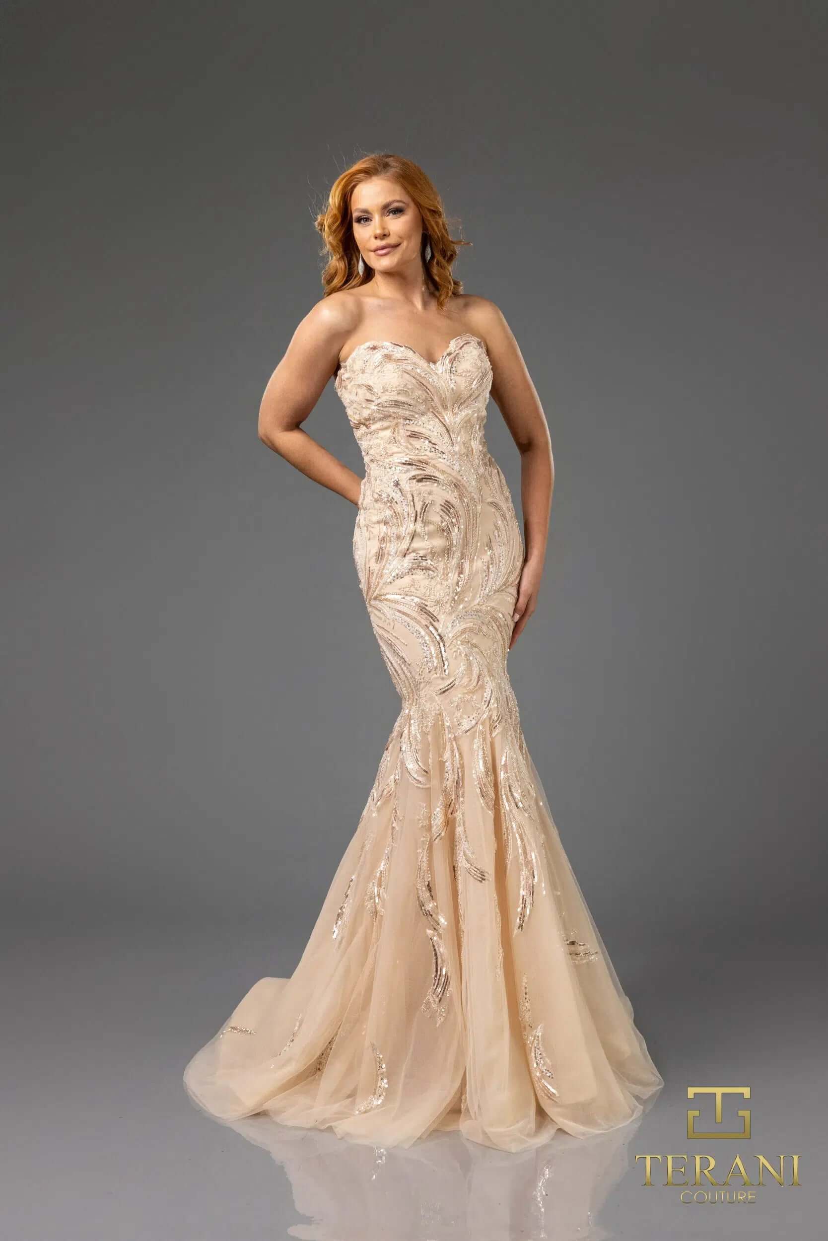 251P4388 TERANI Sweetheart Strapless Beaded Tulle Trumpet Prom Dress