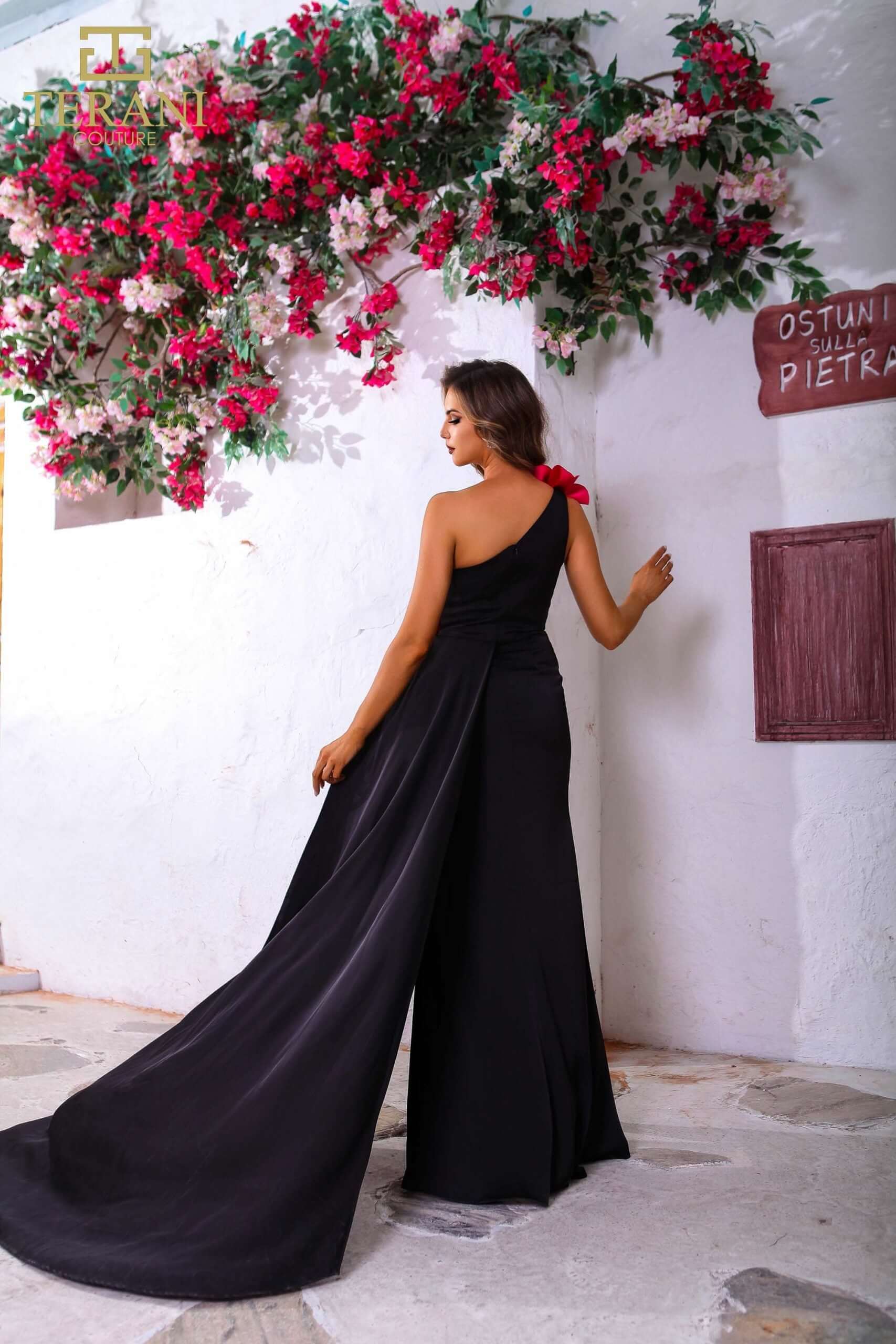 251P4530 TERANI Matte Satin Assyemtric Side Slit Sleeveless Dress