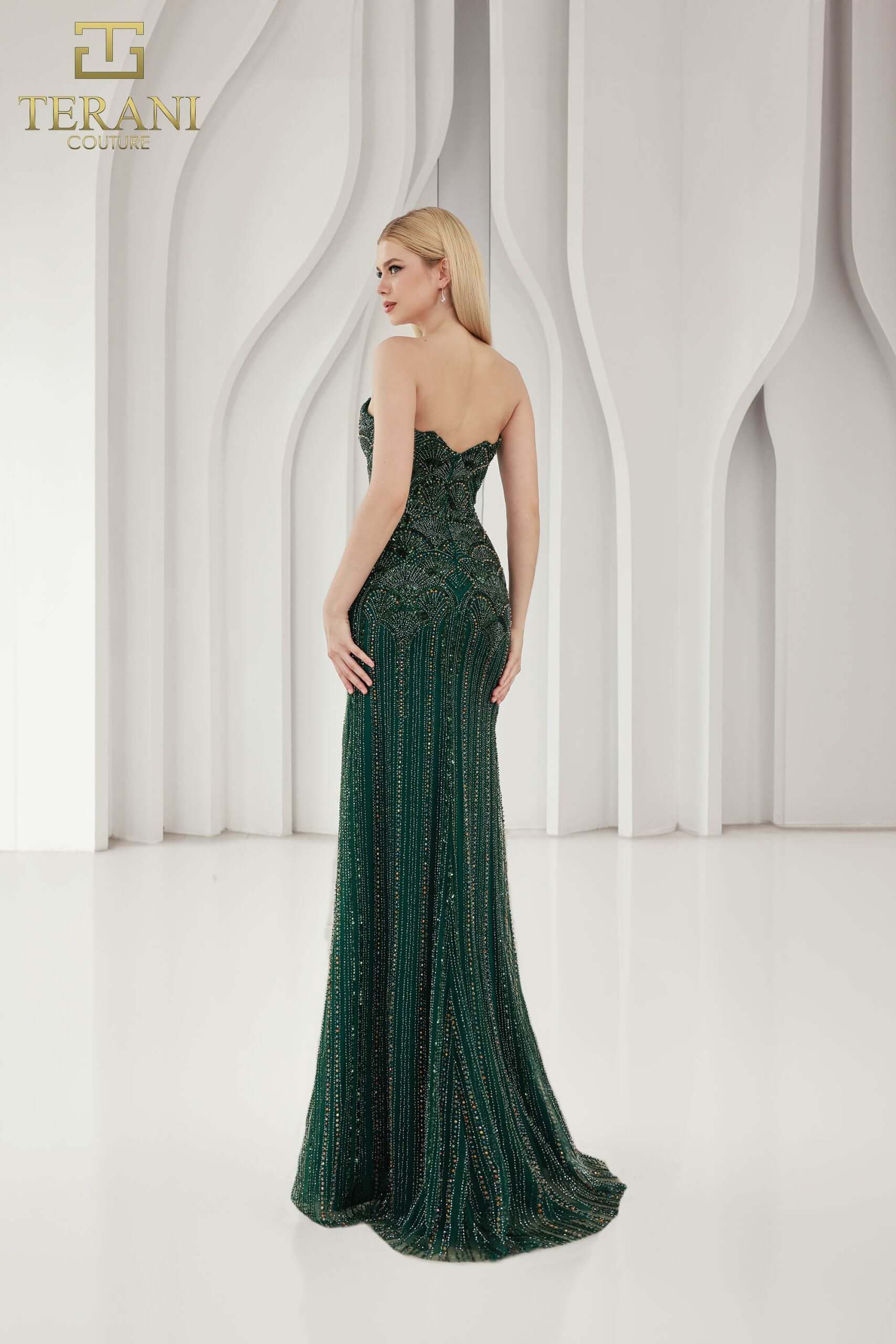 251P4574 TERANI Fit And Flare Strapless Side Slit Long Prom Dress