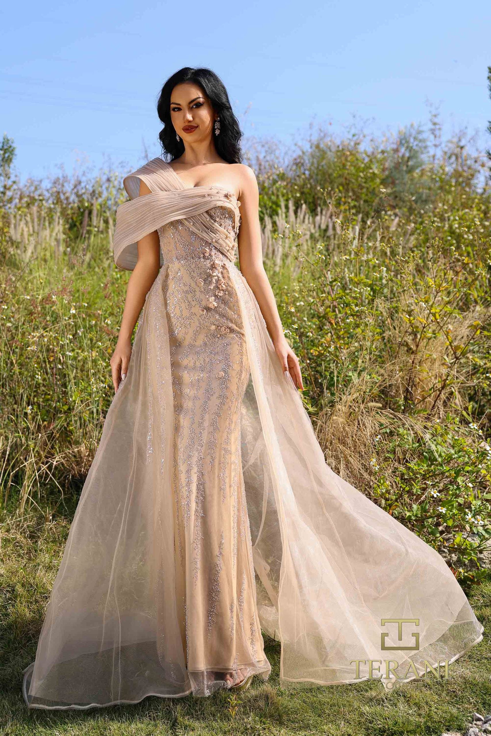 252E5125 – Fit and Flare Long Evening Dress - Nude