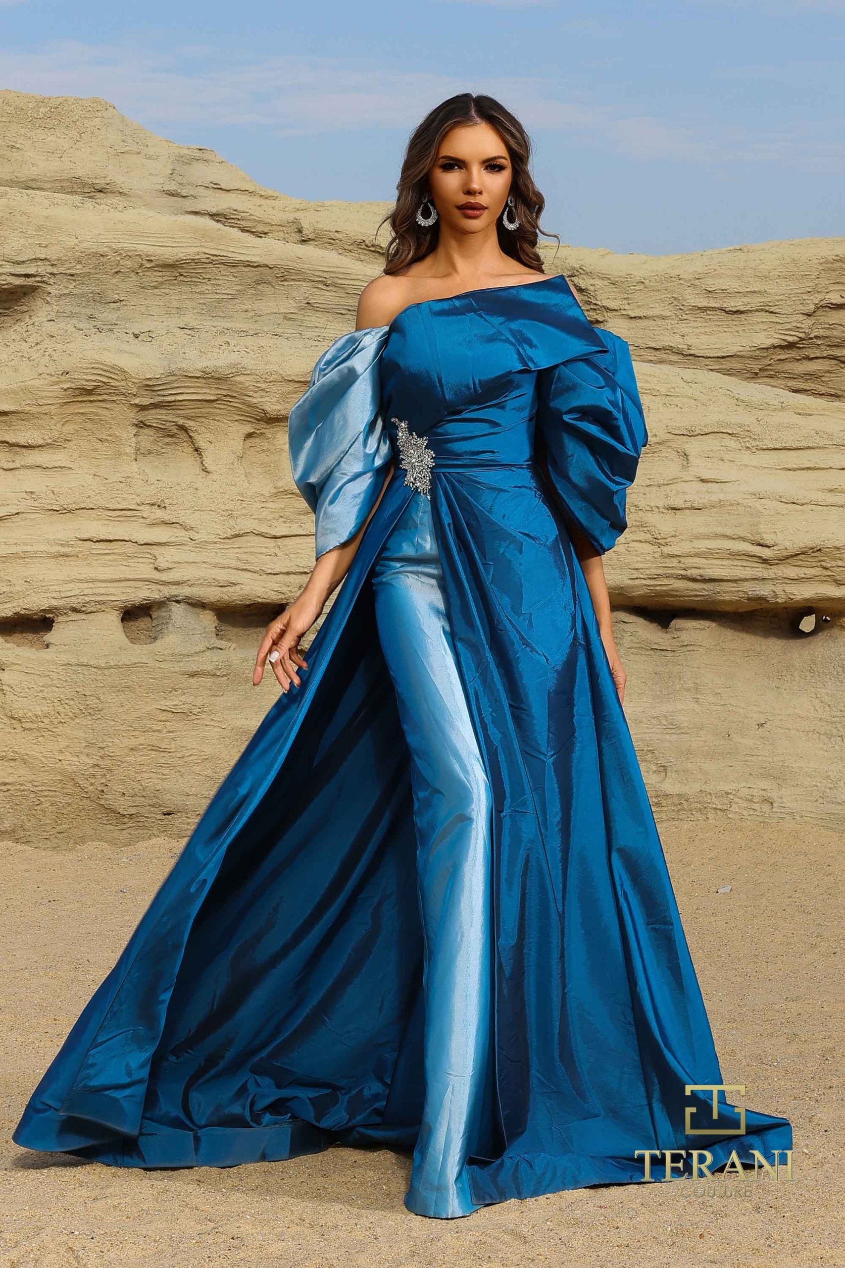 252E5141 – Fit and Flare Long Evening Dress - Blue Denim
