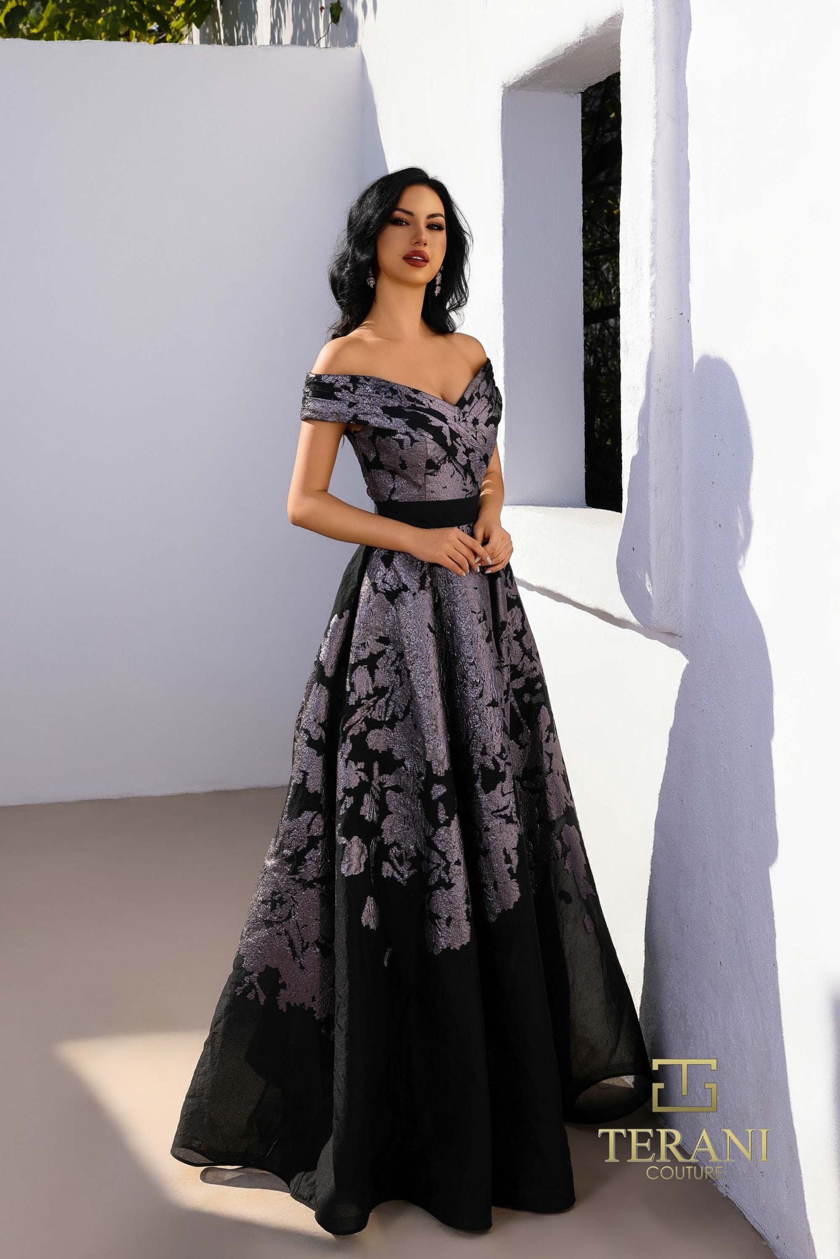 252E5188 – Fit and Flare Long Evening Dress - Black Pewter