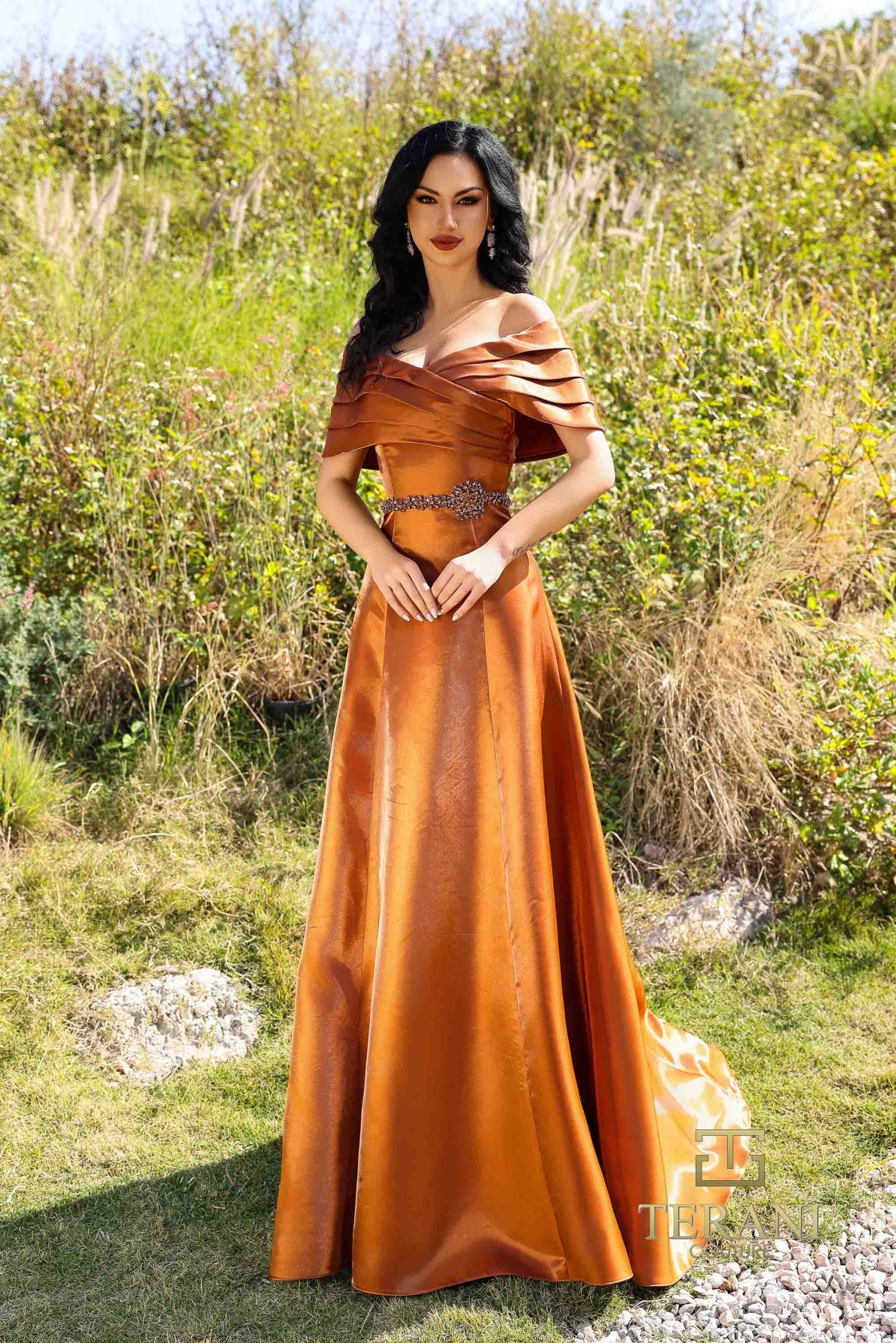 252M5326 – A-line Long MOB Dress - Cognac